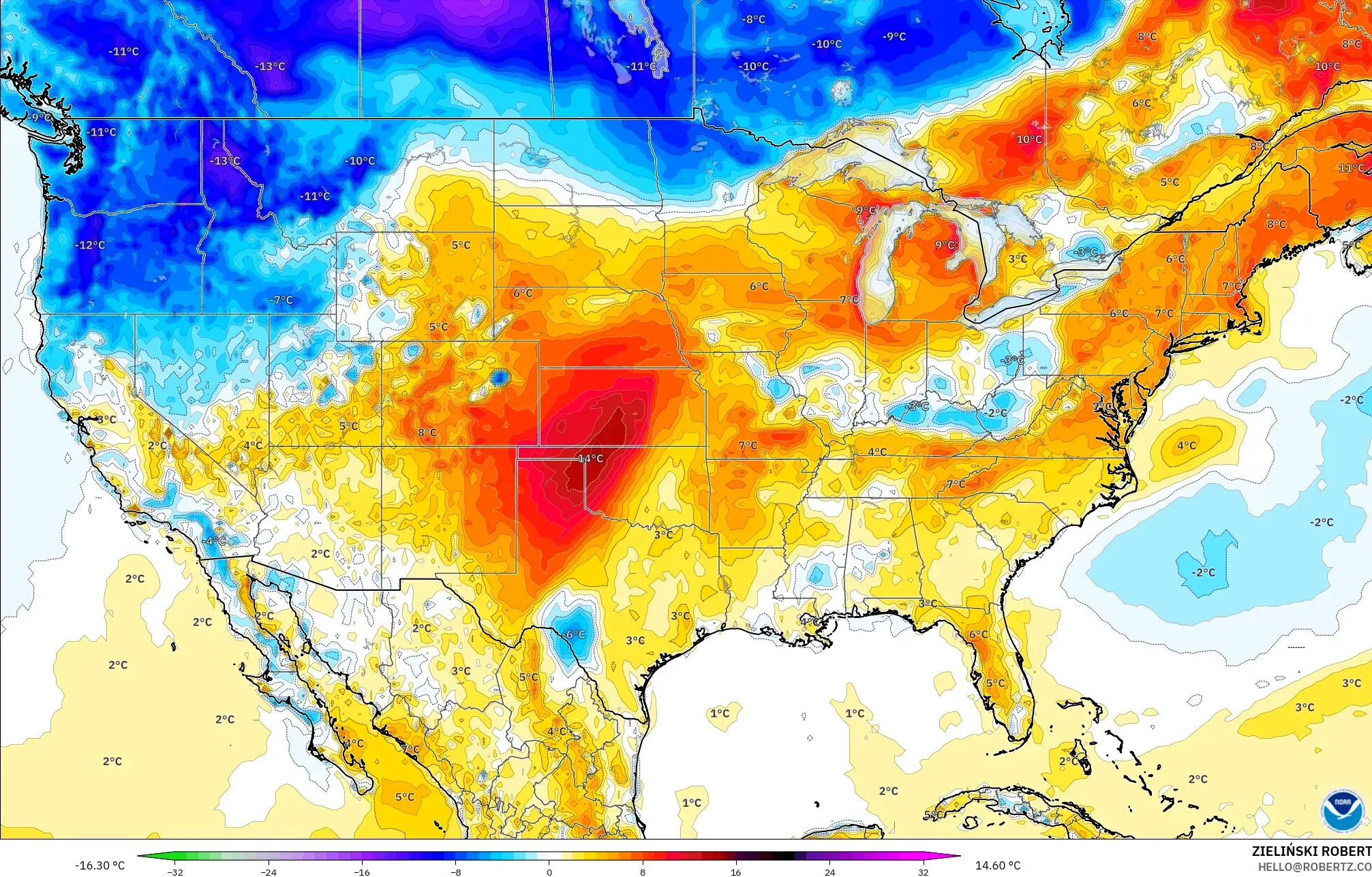 GFS モデル - アメリカ合衆国, 気温異常（2m）