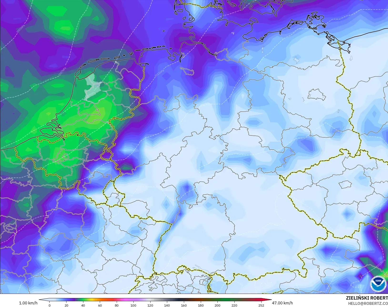 GFS モデル - ドイツ, 突風（最大）