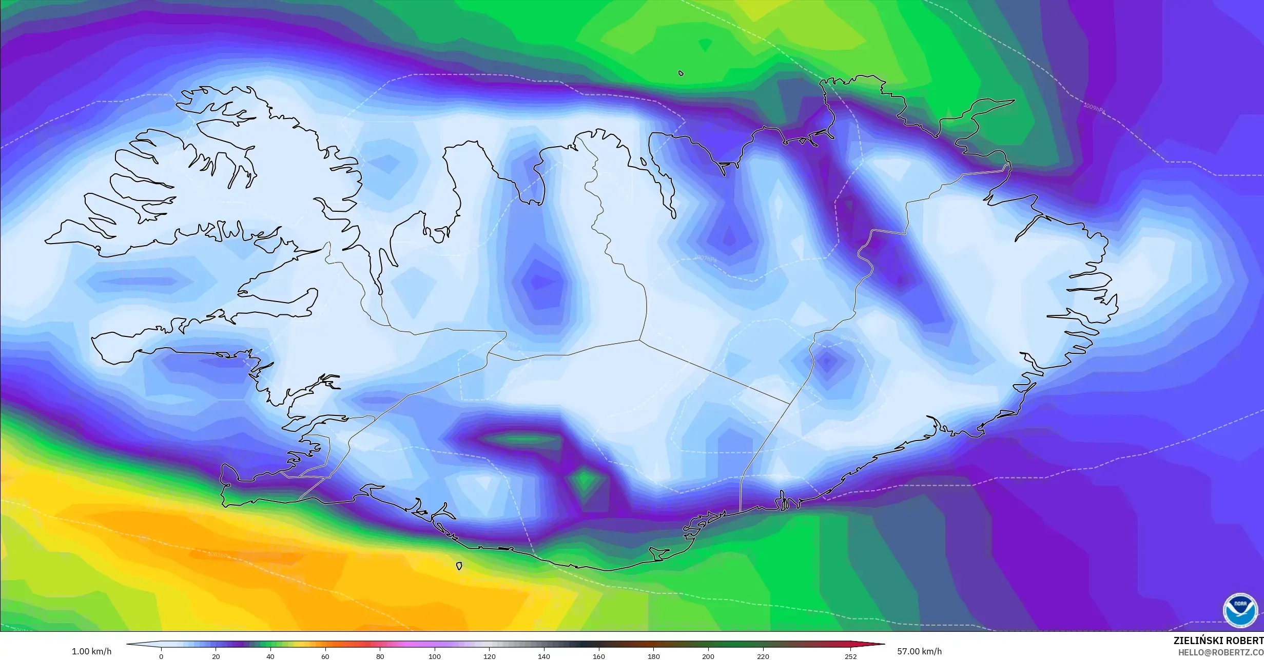 GFS モデル - アイスランド, 突風（最大）