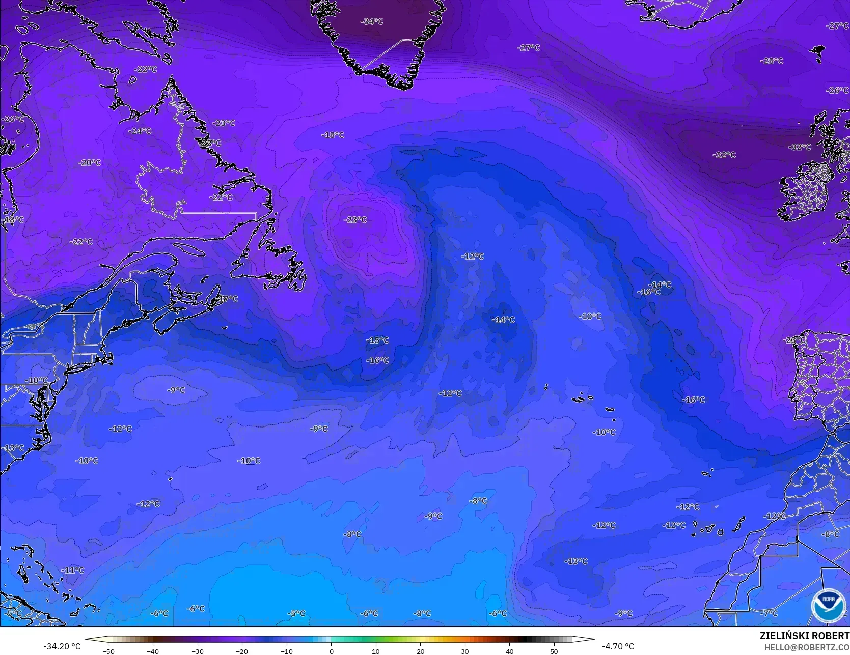 GFS モデル - 北大西洋, 気温（500hPa）