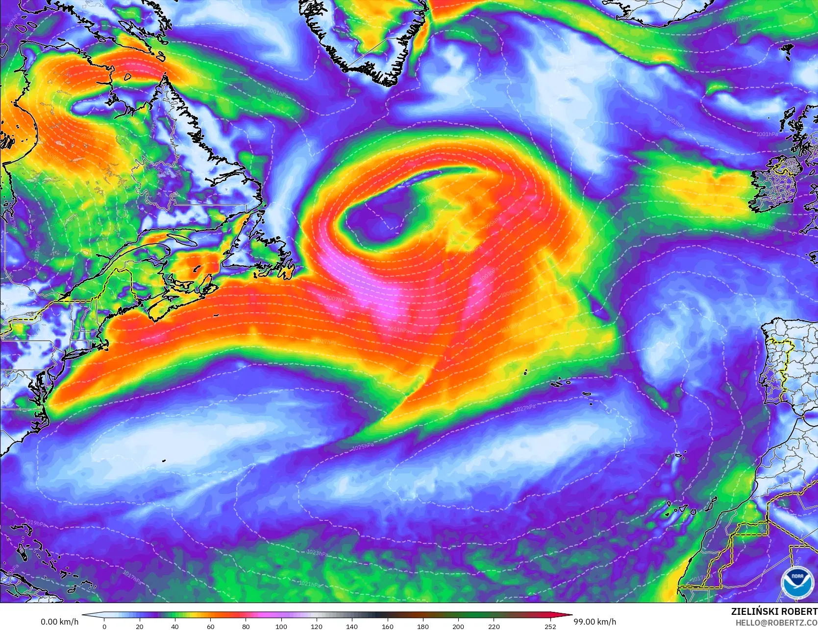 GFS モデル - 北大西洋, 突風
