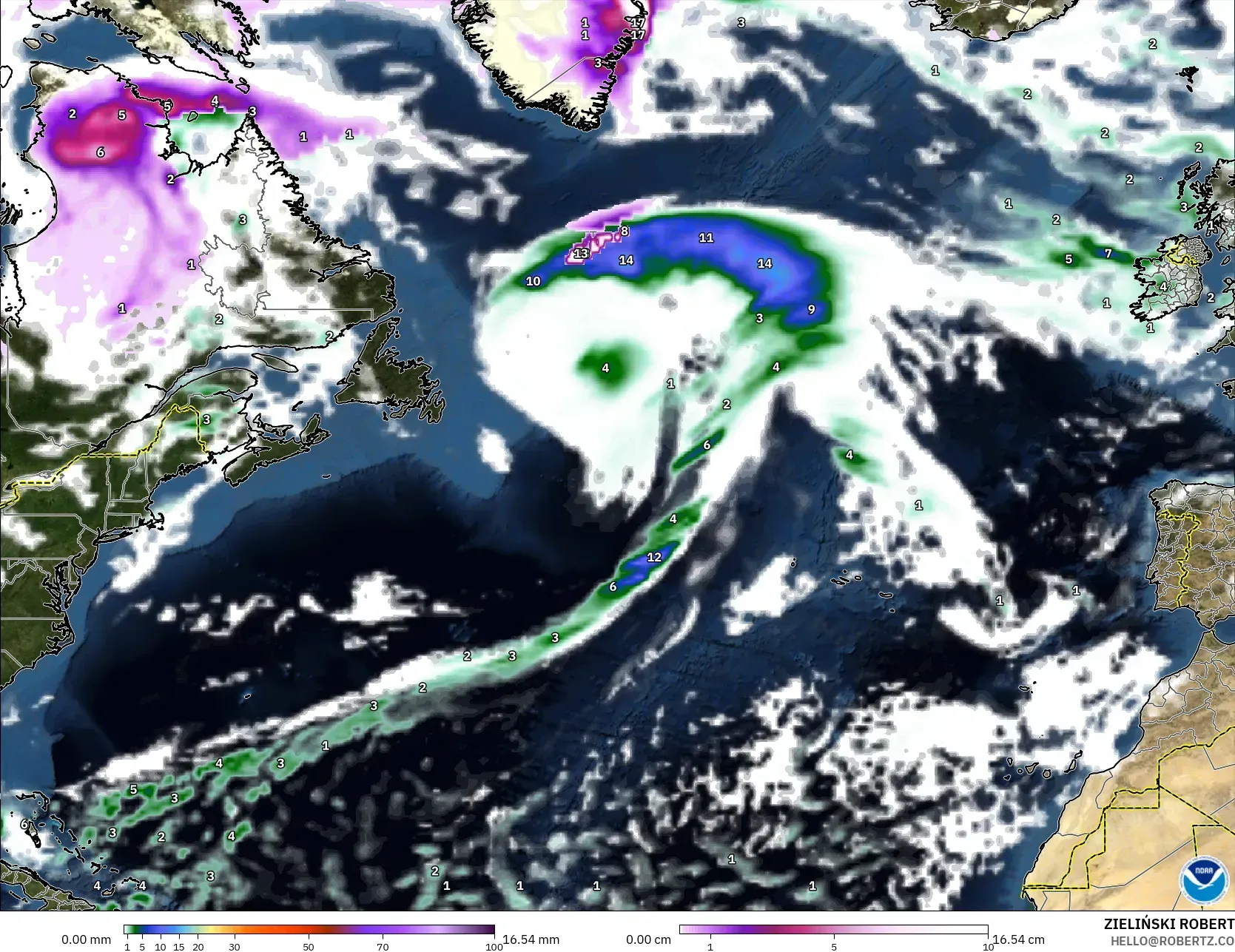GFS モデル - 北大西洋, 降水量、雲、気圧