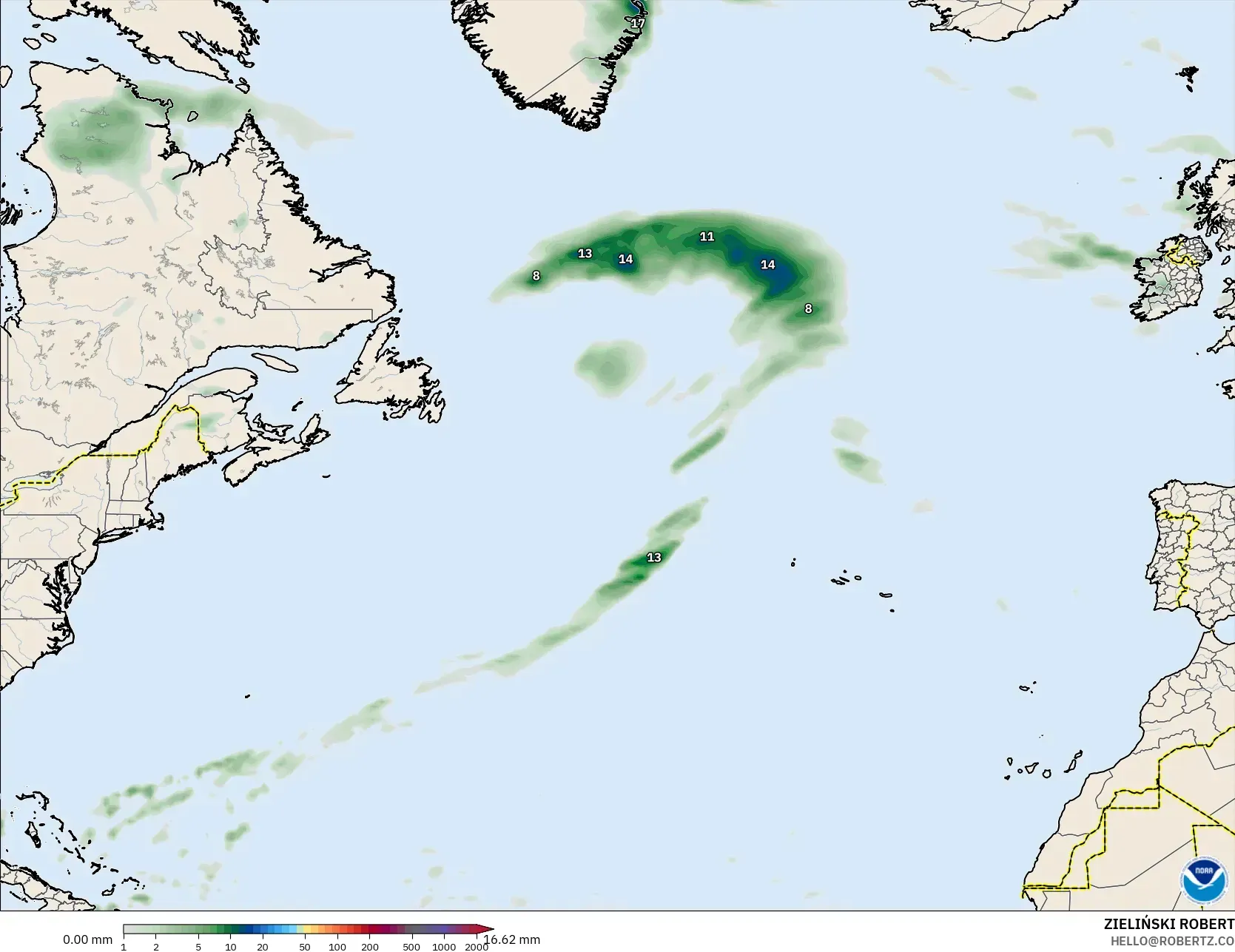 GFS モデル - 北大西洋, 降水量の合計