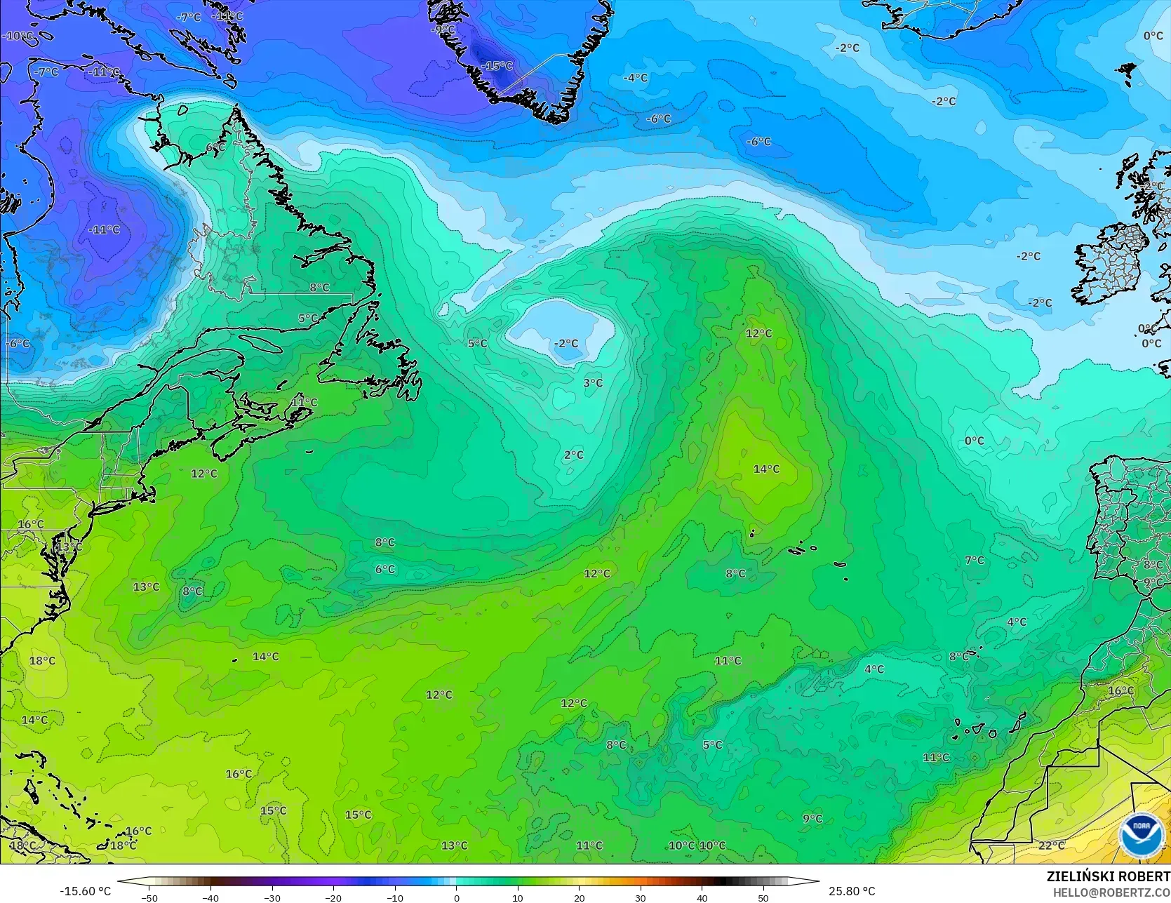 GFS モデル - 北大西洋, 気温（850hPa）