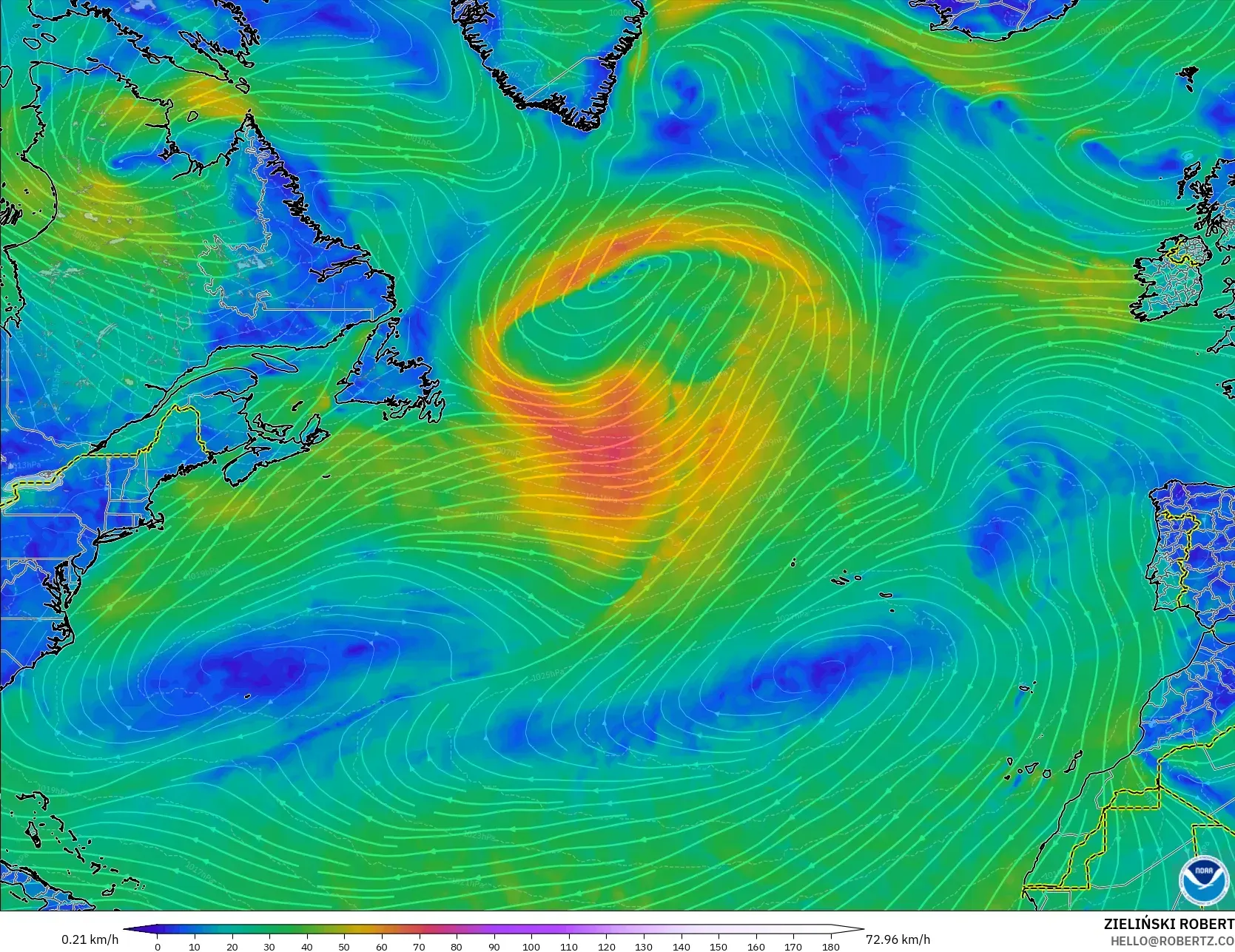 GFS モデル - 北大西洋, 風速（10m）