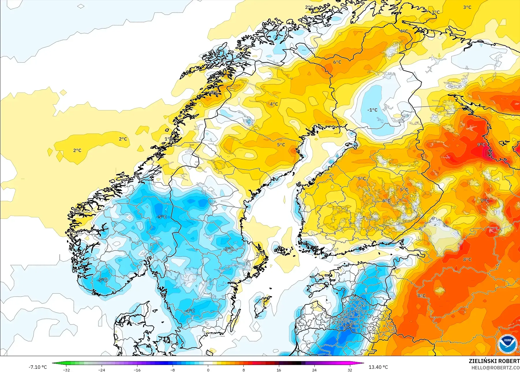 GFS モデル - スカンジナビア, 気温異常（2m）