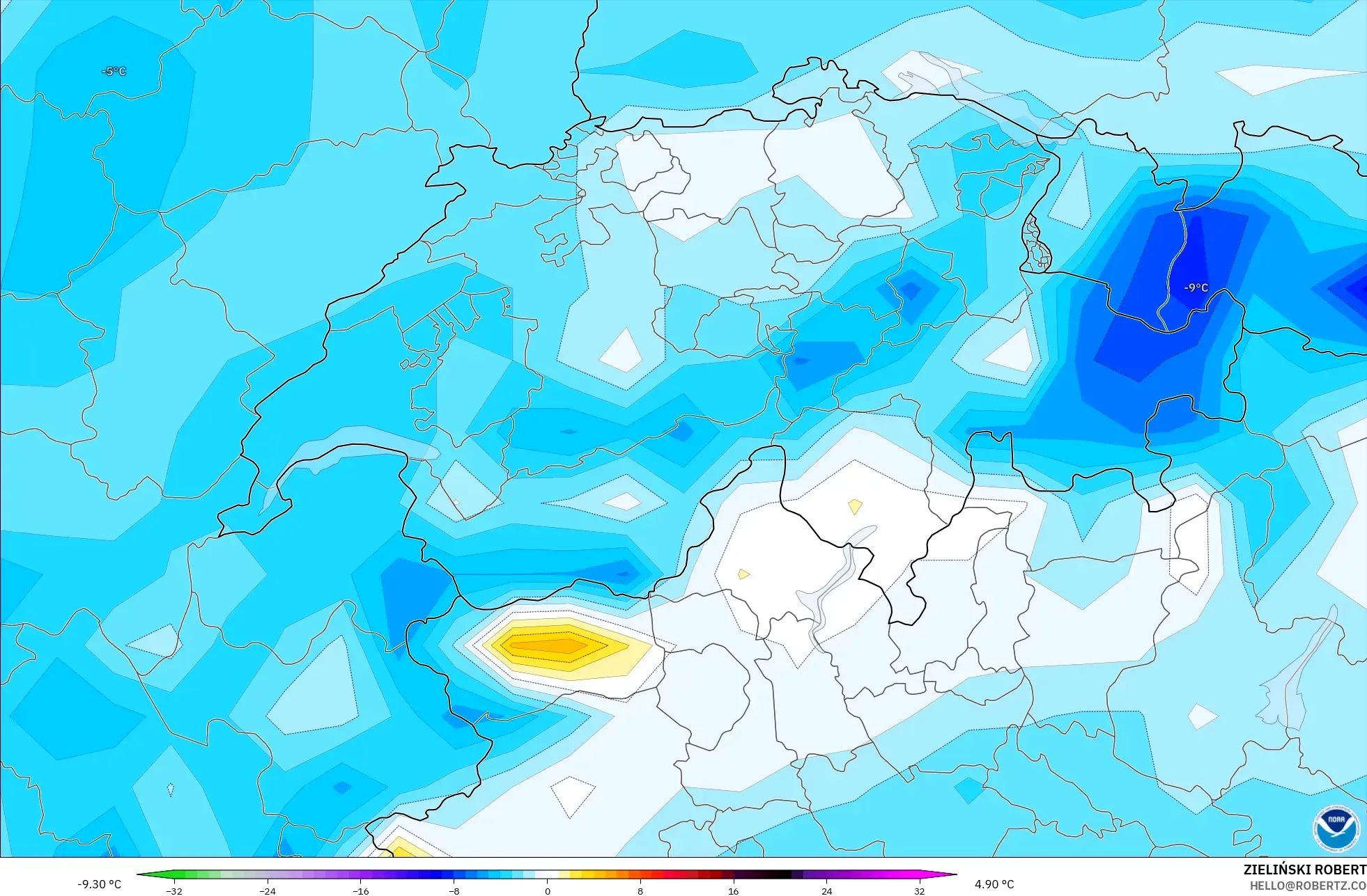 GFS モデル - スイス, 気温異常（2m）