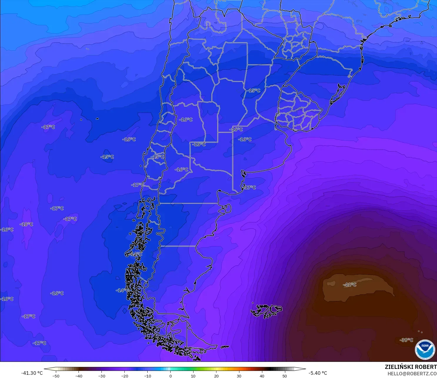 GFS モデル - アルゼンチン, 気温（500hPa）