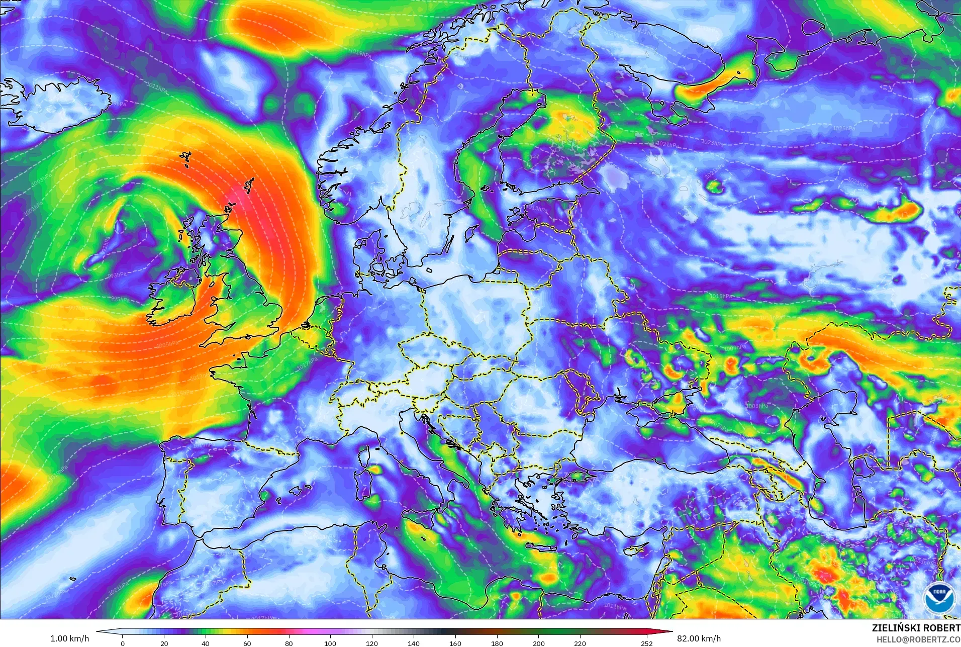GFS モデル - ヨーロッパ, 突風（最大）
