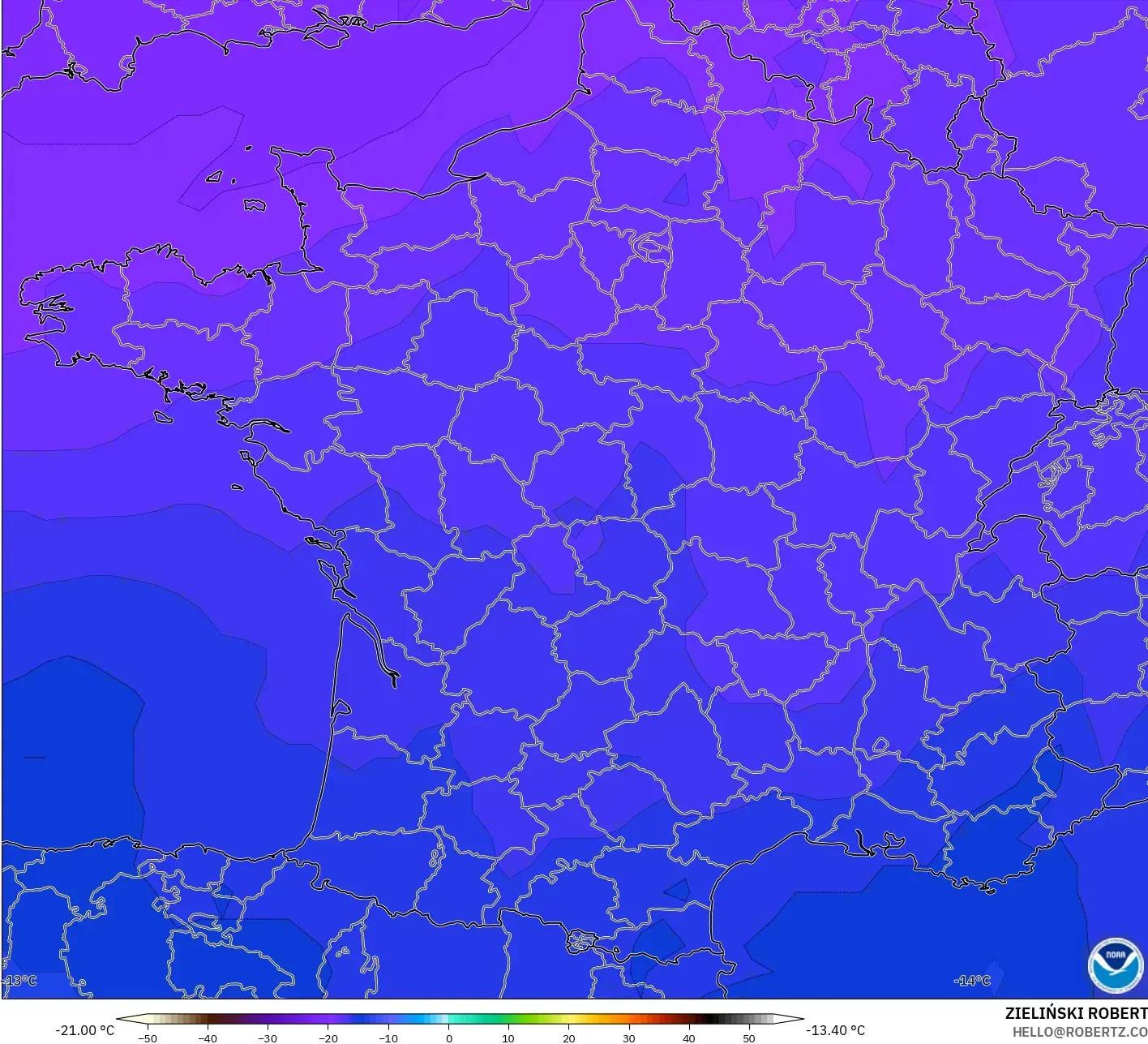 GFS モデル - フランス, 気温（500hPa）