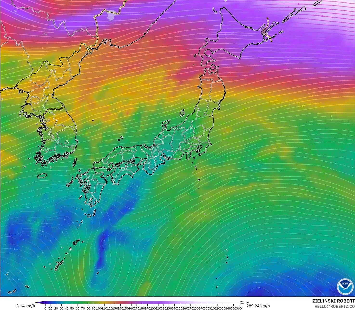 GFS モデル - 日本, 風速（300hPa）