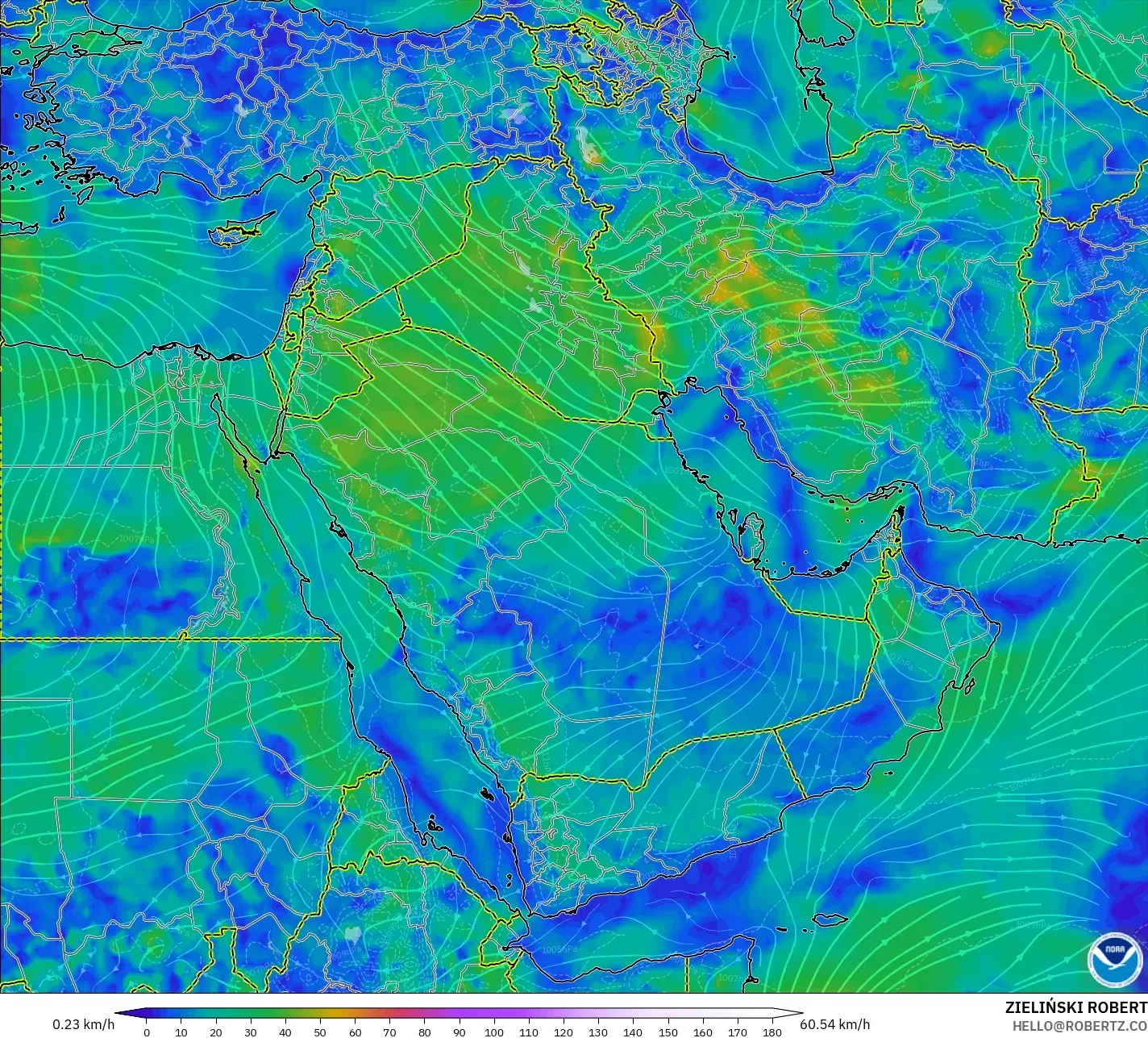 GFS モデル - 中東, 風速（10m）
