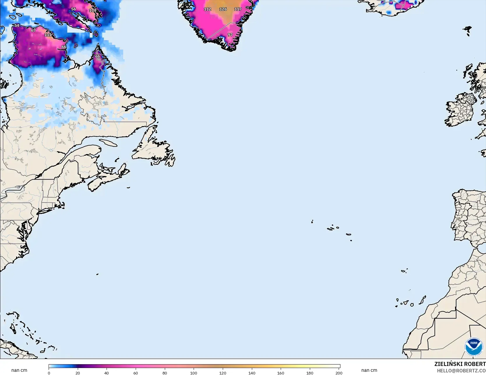 GFS モデル - 北大西洋, 積雪深