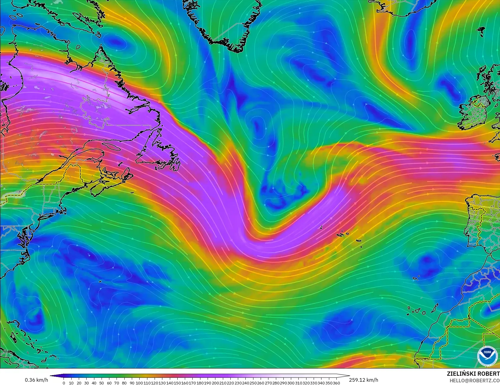 GFS モデル - 北大西洋, 風速（300hPa）