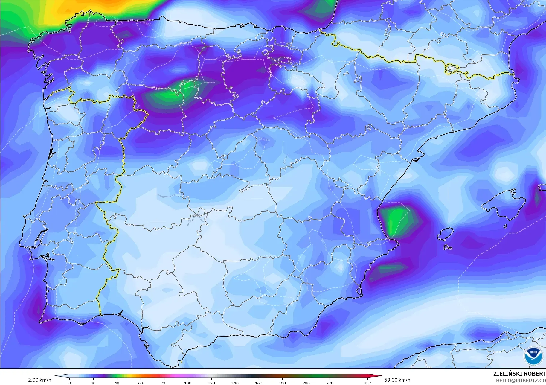GFS モデル - スペイン, 突風（最大）