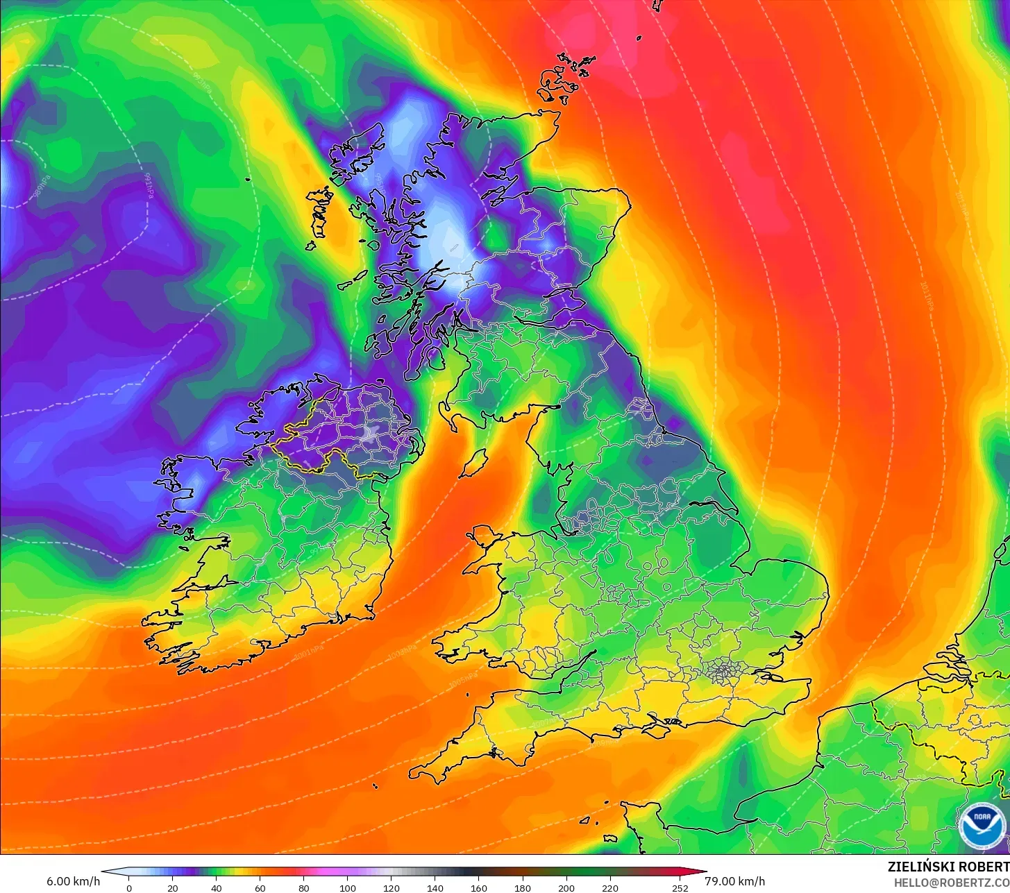GFS モデル - イギリス, 突風（最大）