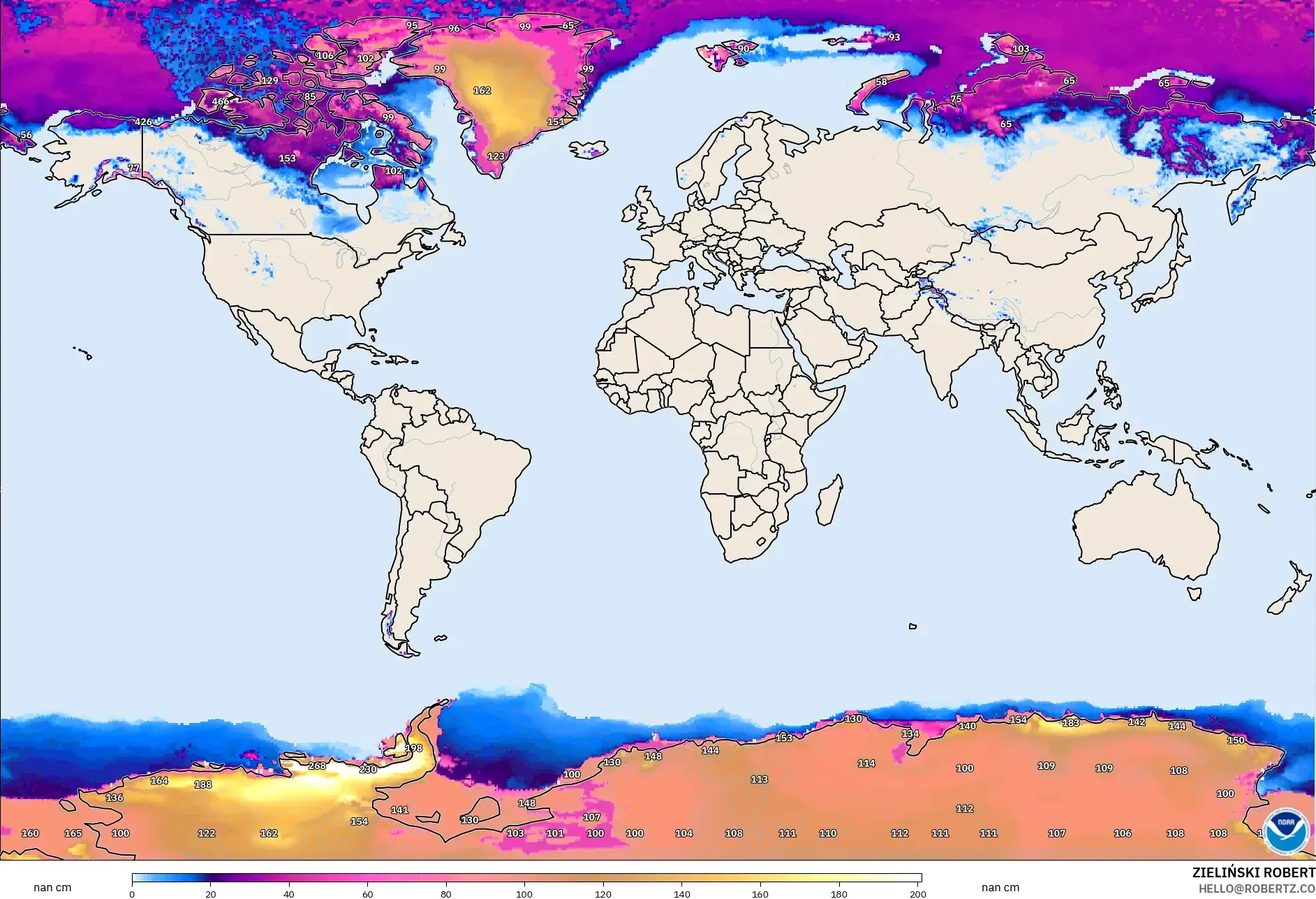 GFS モデル - 世界, 積雪深