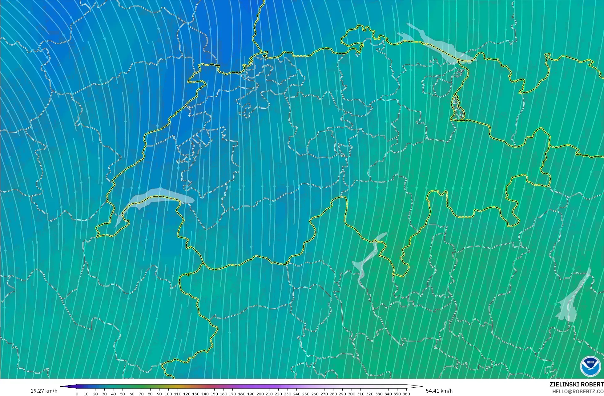 GFS モデル - スイス, 風速（300hPa）