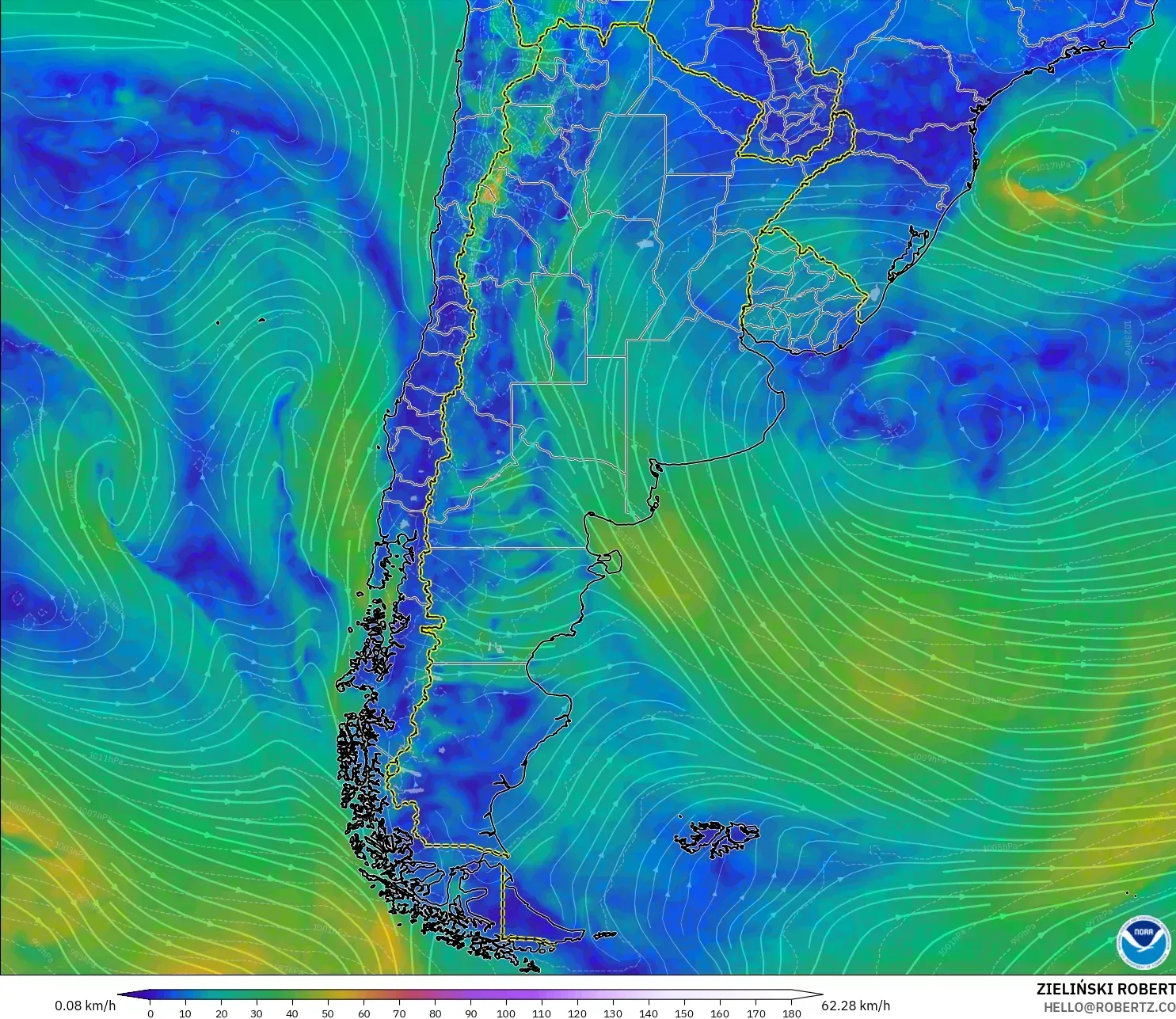 GFS モデル - アルゼンチン, 風速（10m）