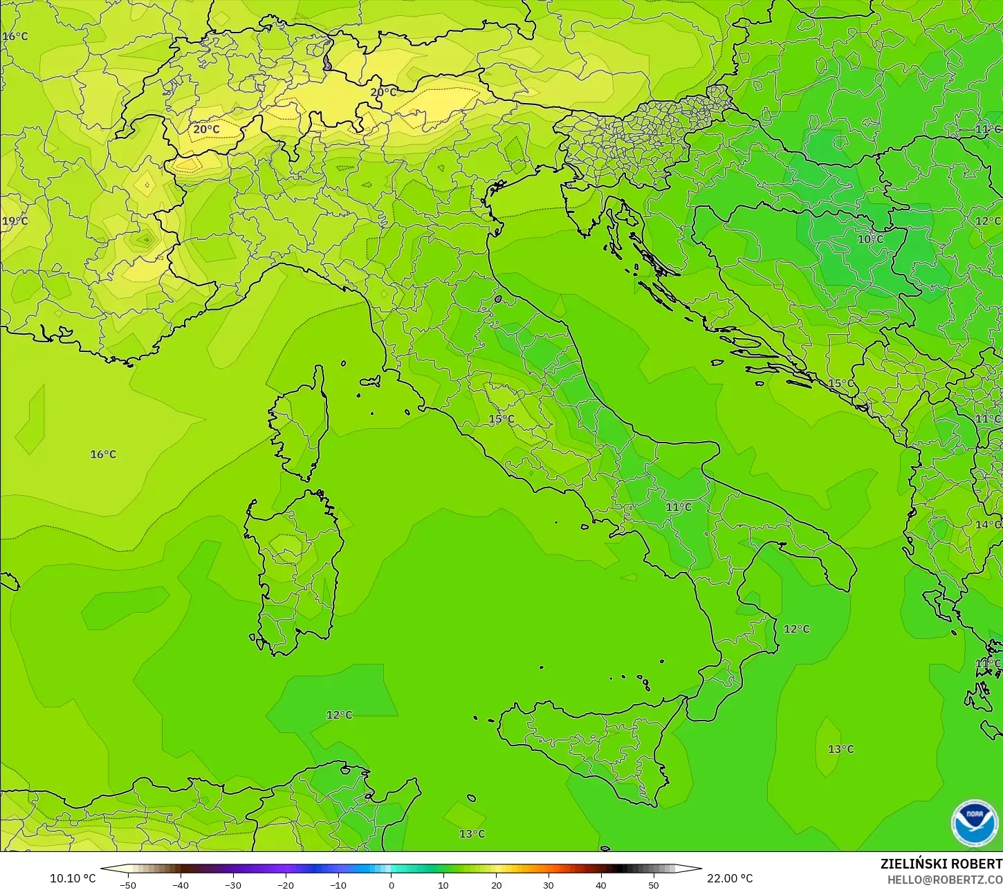 GFS モデル - イタリア, 気温（850hPa）