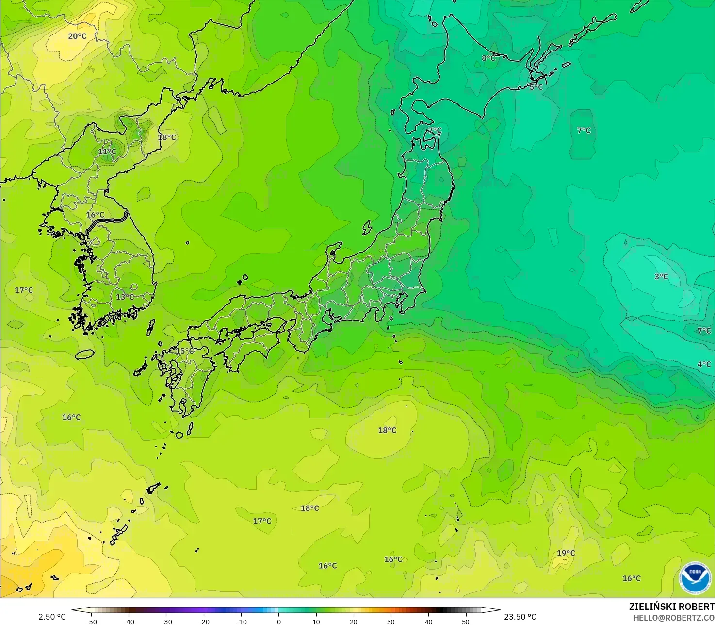GFS モデル - 日本, 気温（850hPa）