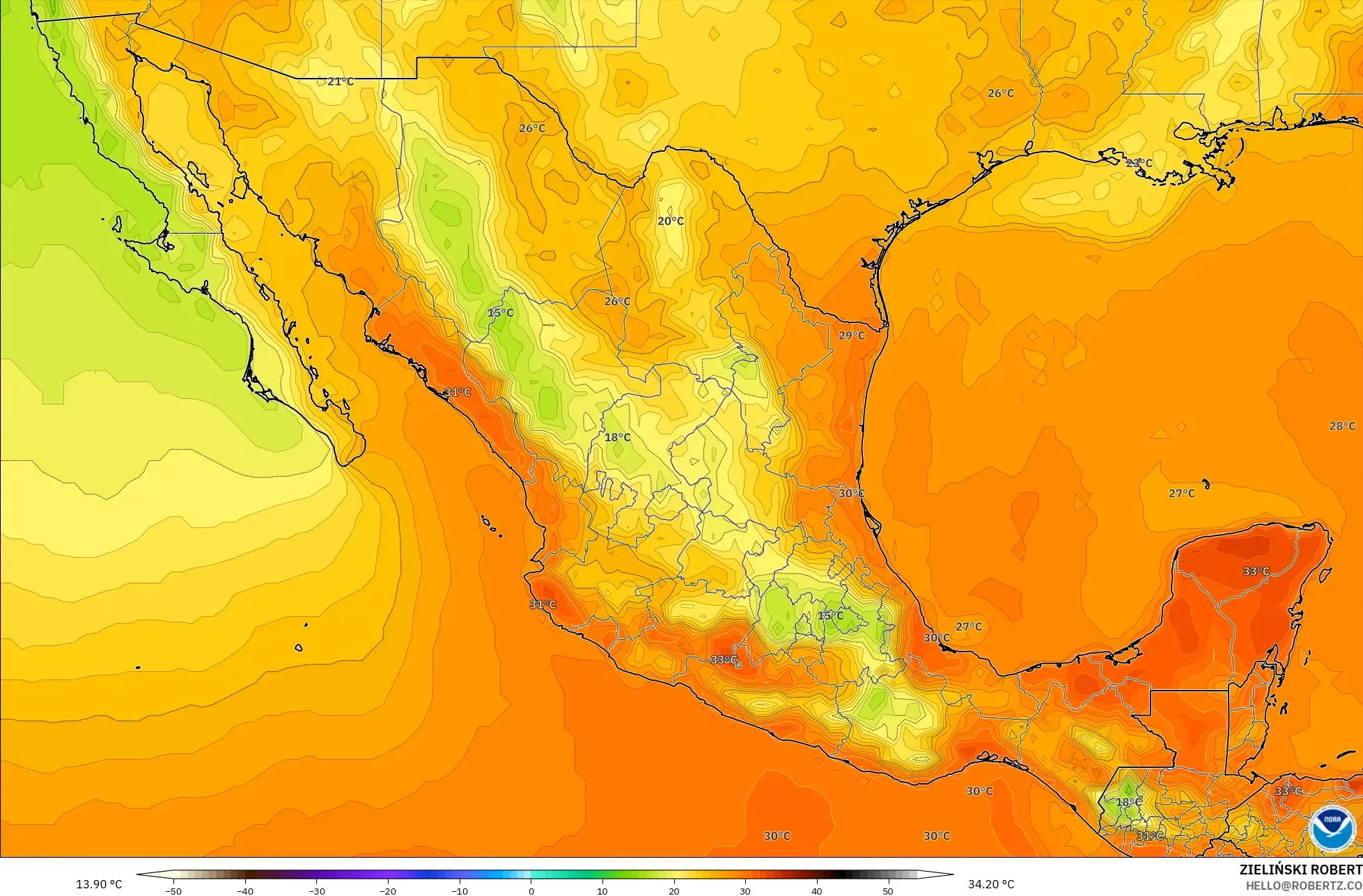 GFS モデル - メキシコ, 気温（2m）