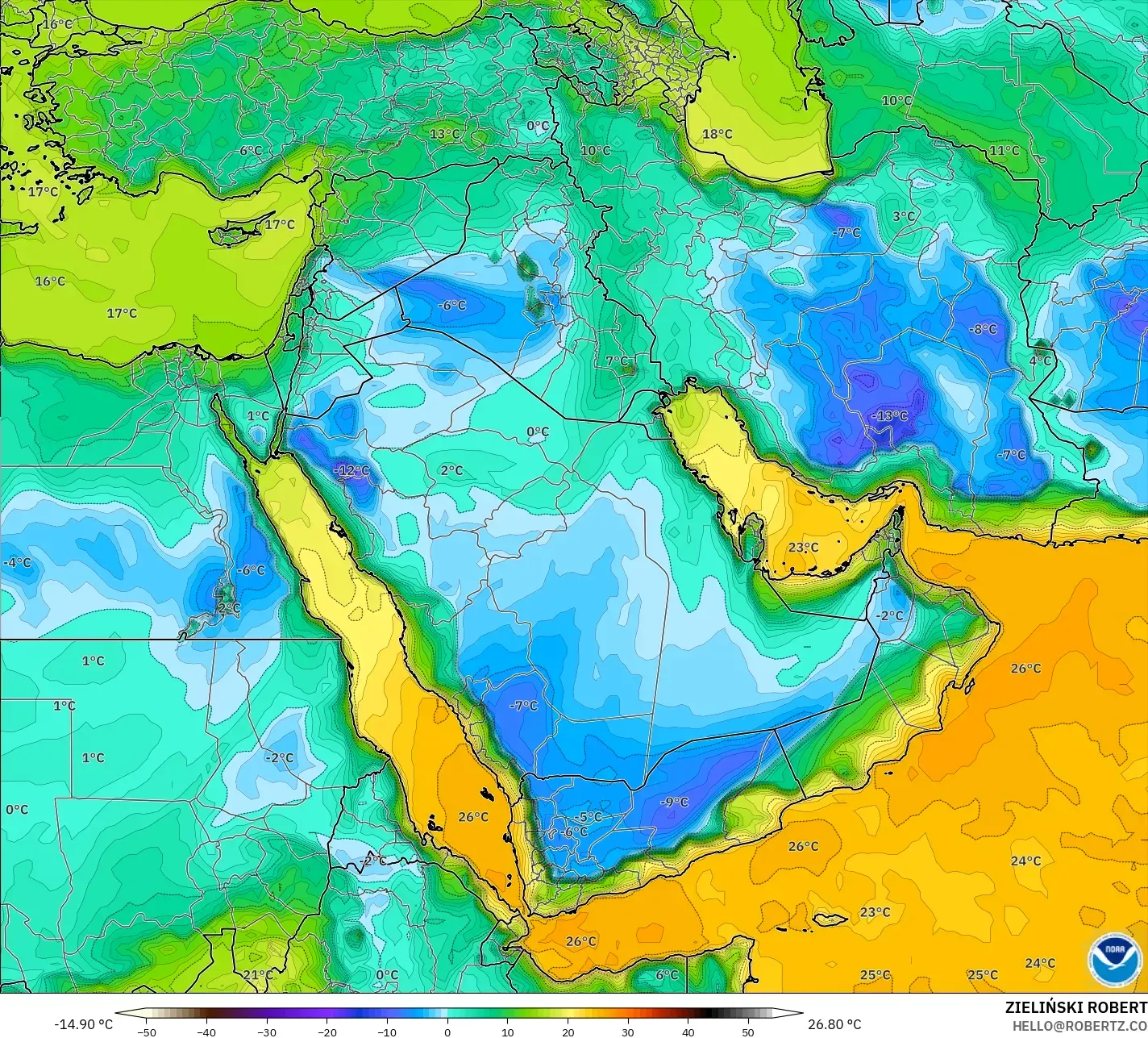 GFS モデル - 中東, 露点温度（2m）