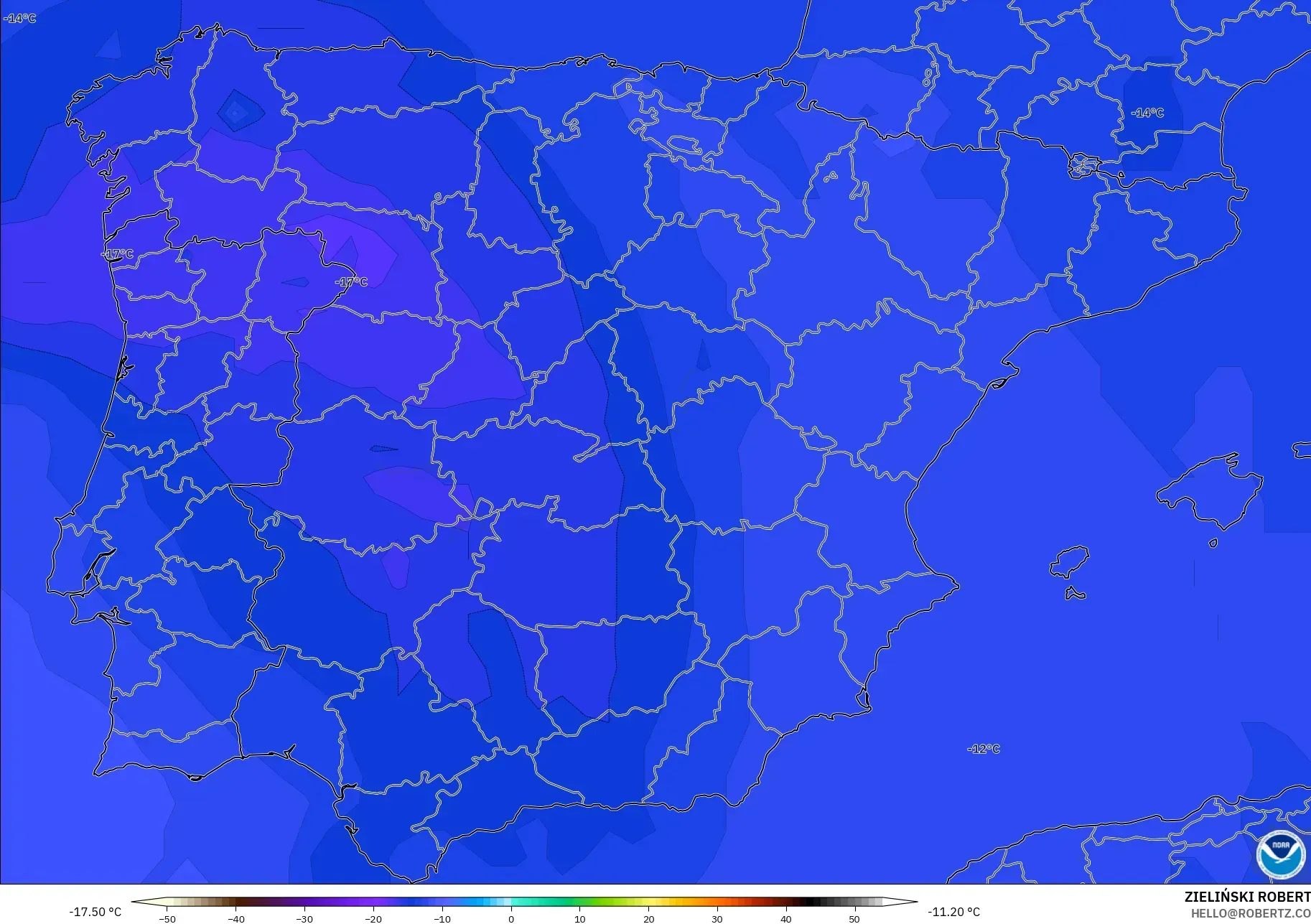 GFS モデル - スペイン, 気温（500hPa）