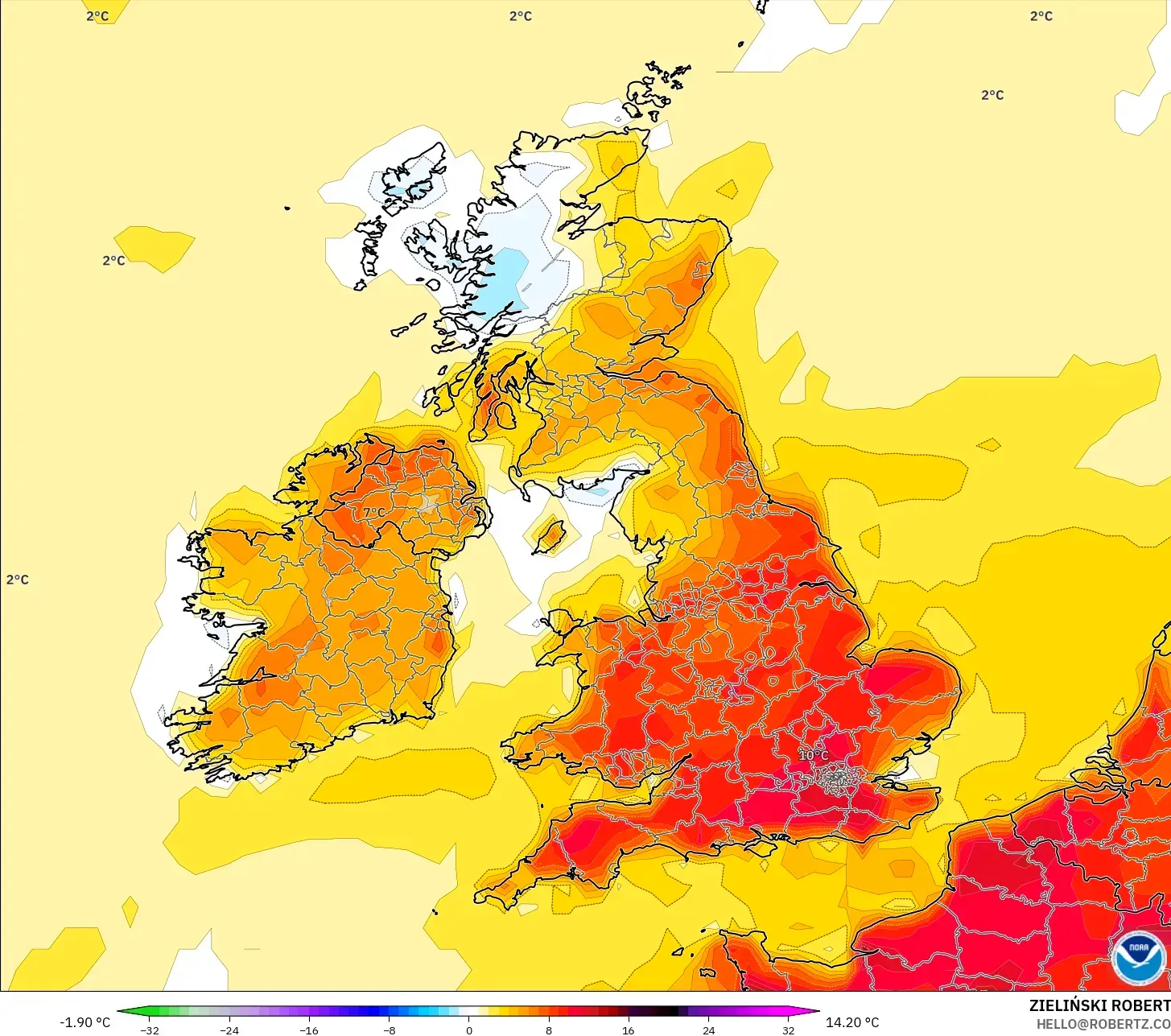 GFS モデル - イギリス, 気温異常（2m）