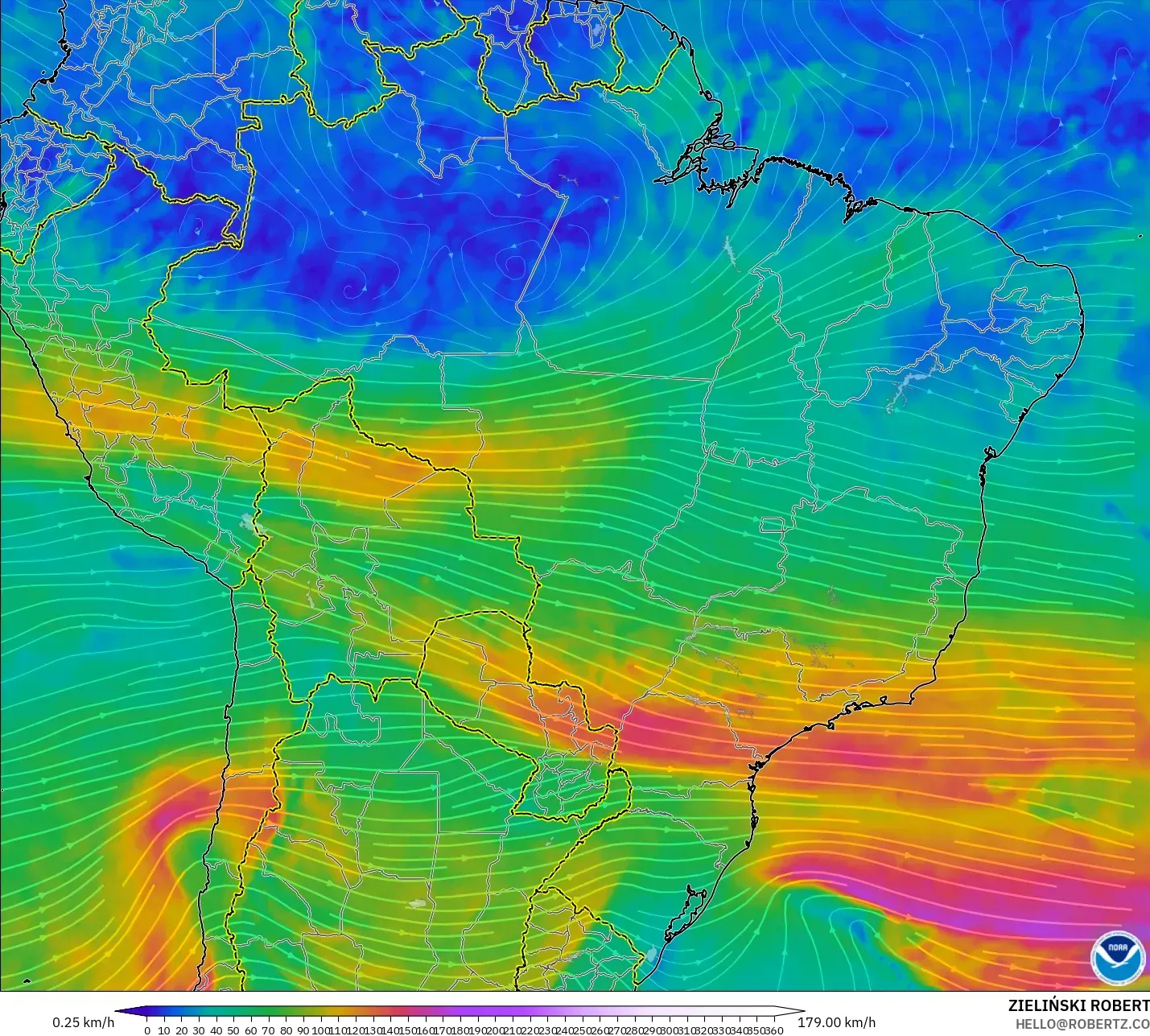 GFS モデル - ブラジル, 風速（300hPa）