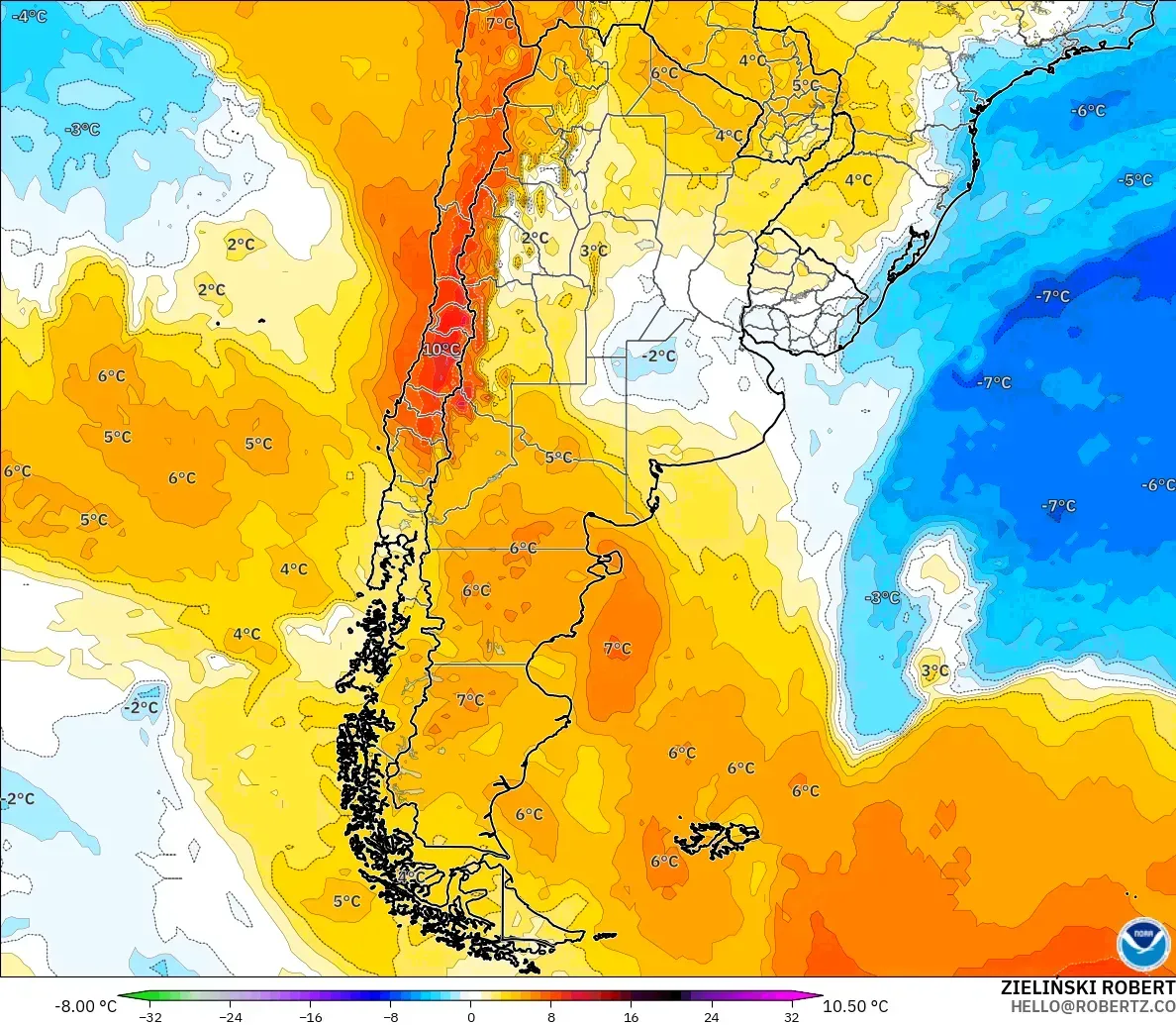 GFS モデル - アルゼンチン, 気温異常（850hPa）