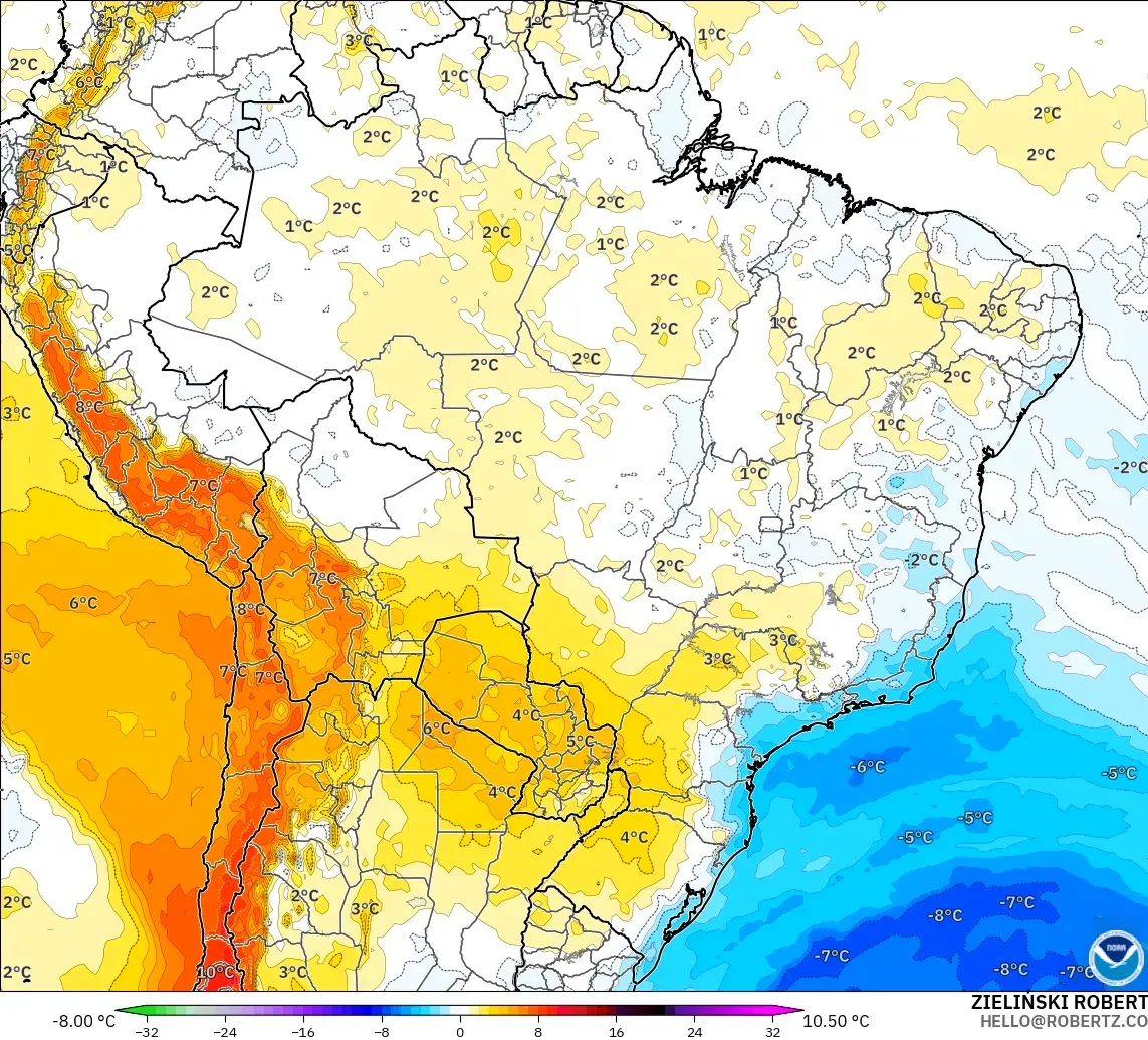 GFS モデル - ブラジル, 気温異常（850hPa）