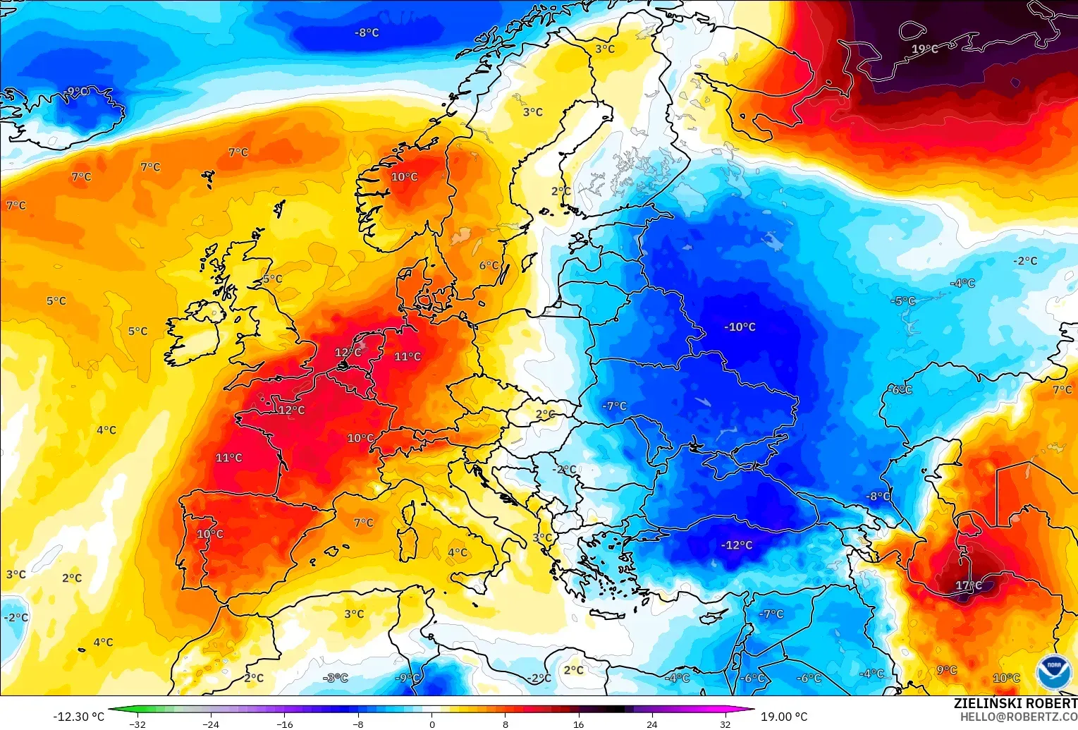 GFS モデル - ヨーロッパ, 気温異常（850hPa）