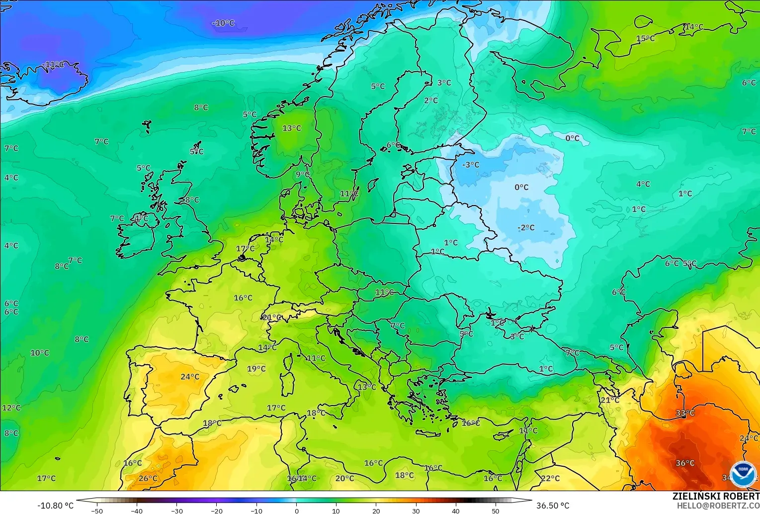 GFS モデル - ヨーロッパ, 気温（850hPa）