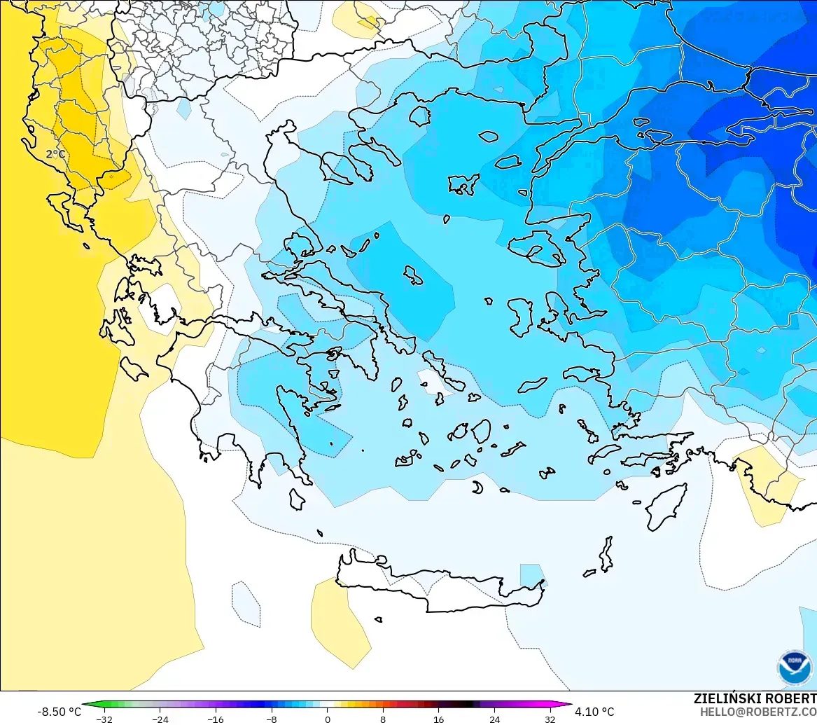 GFS モデル - ギリシャ, 気温異常（850hPa）