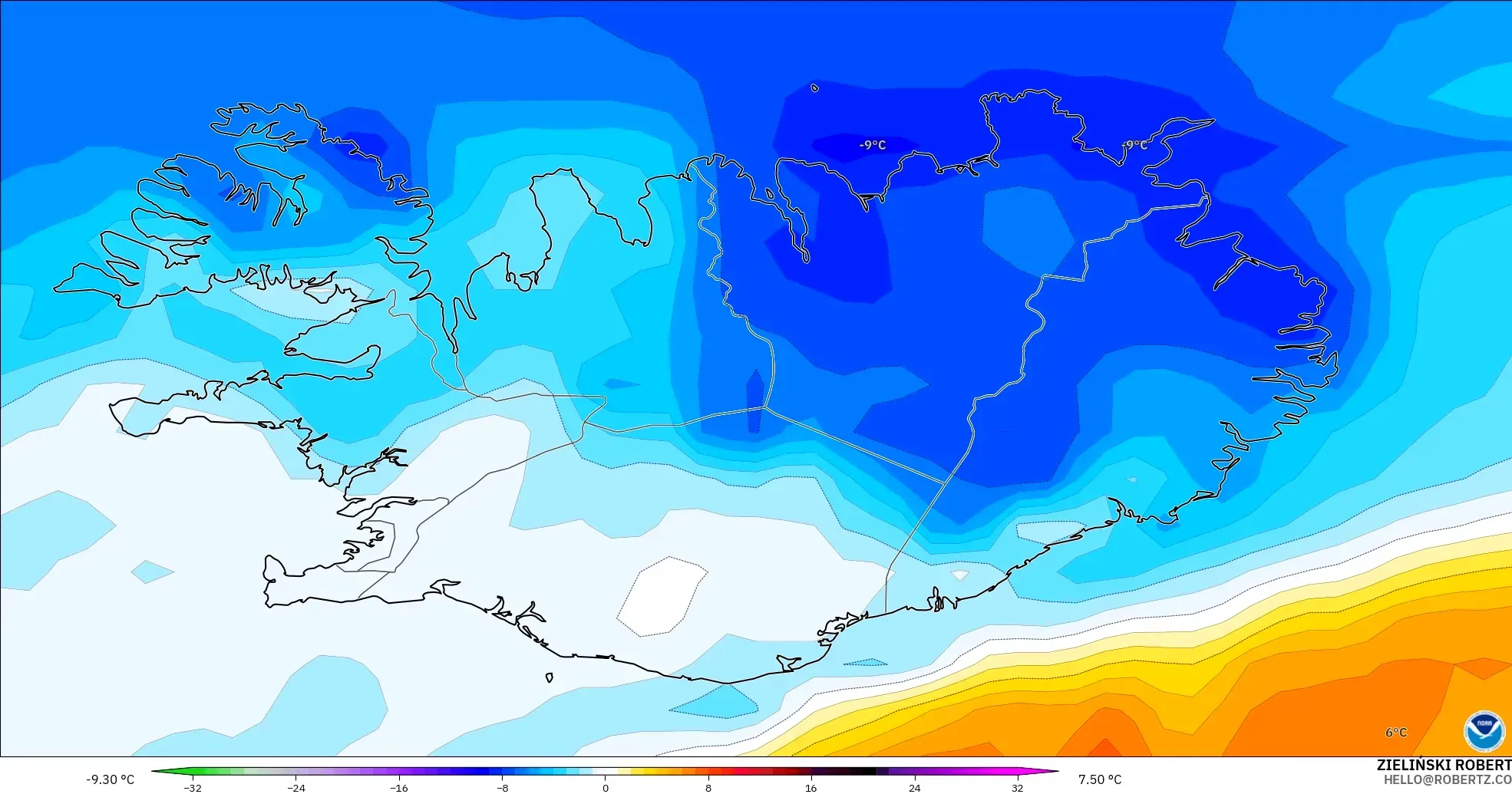 GFS モデル - アイスランド, 気温異常（850hPa）