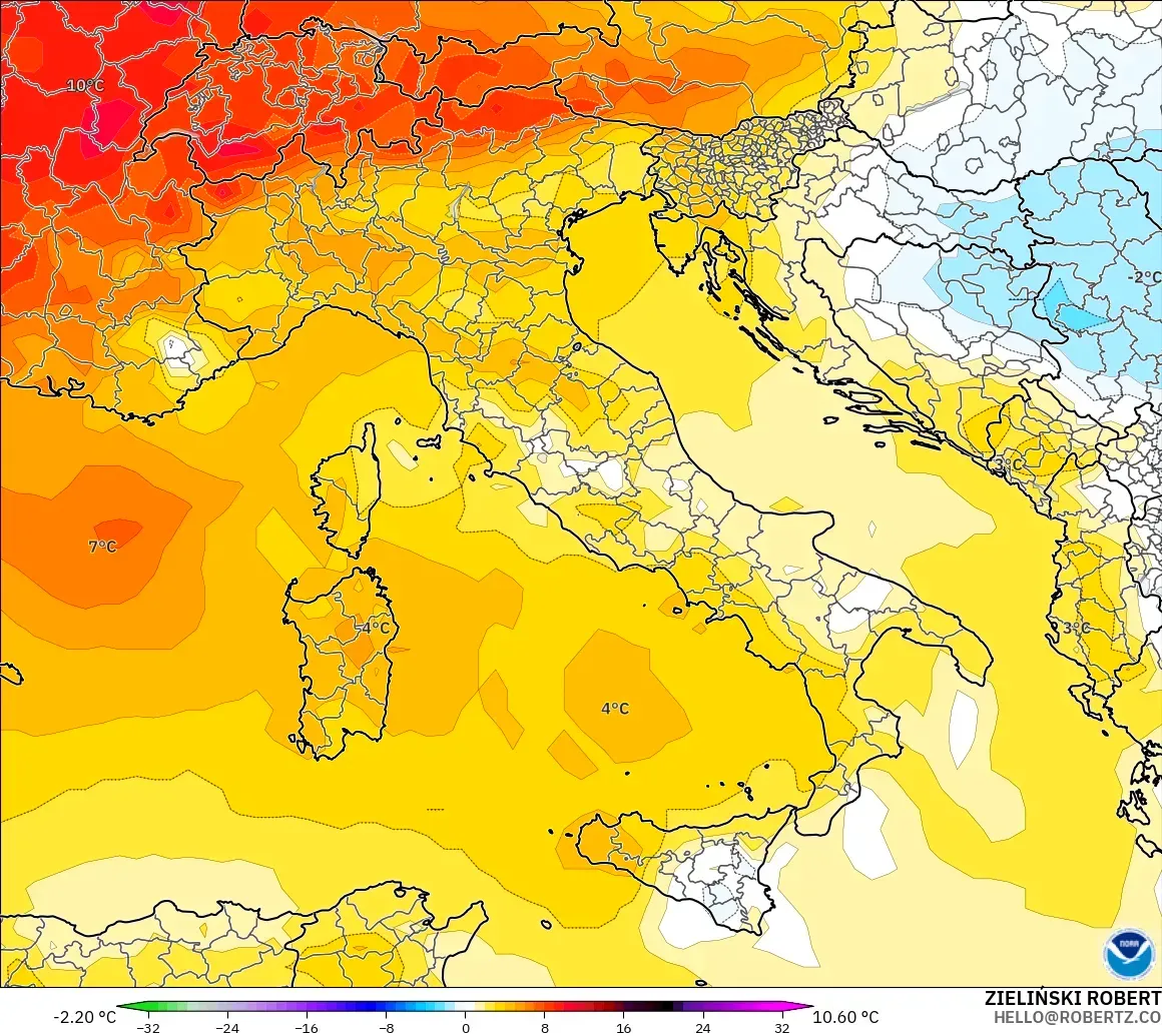 GFS モデル - イタリア, 気温異常（850hPa）