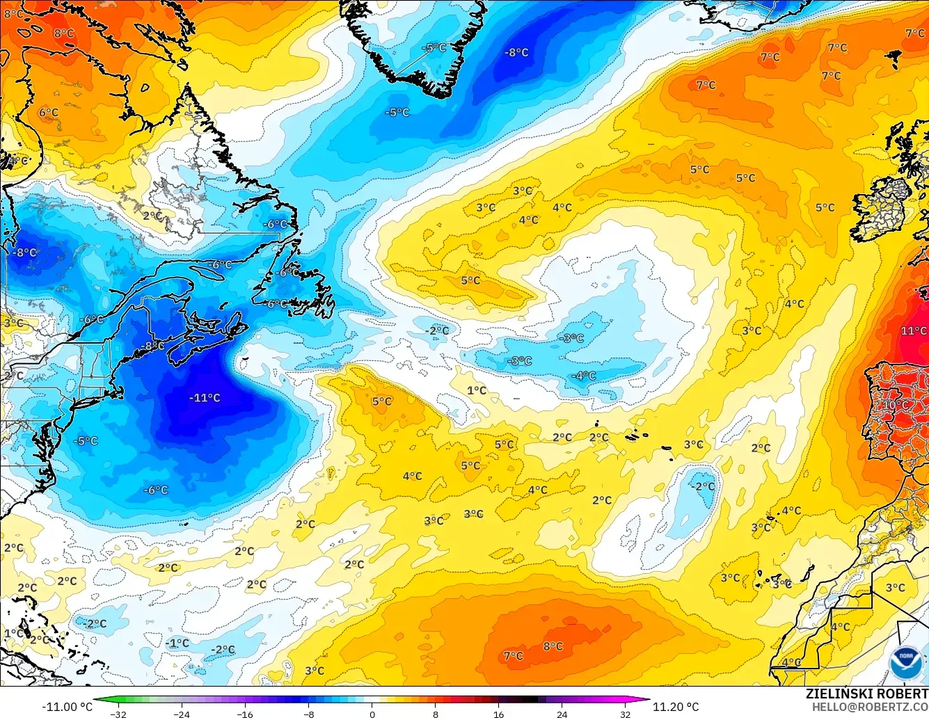 GFS モデル - 北大西洋, 気温異常（850hPa）