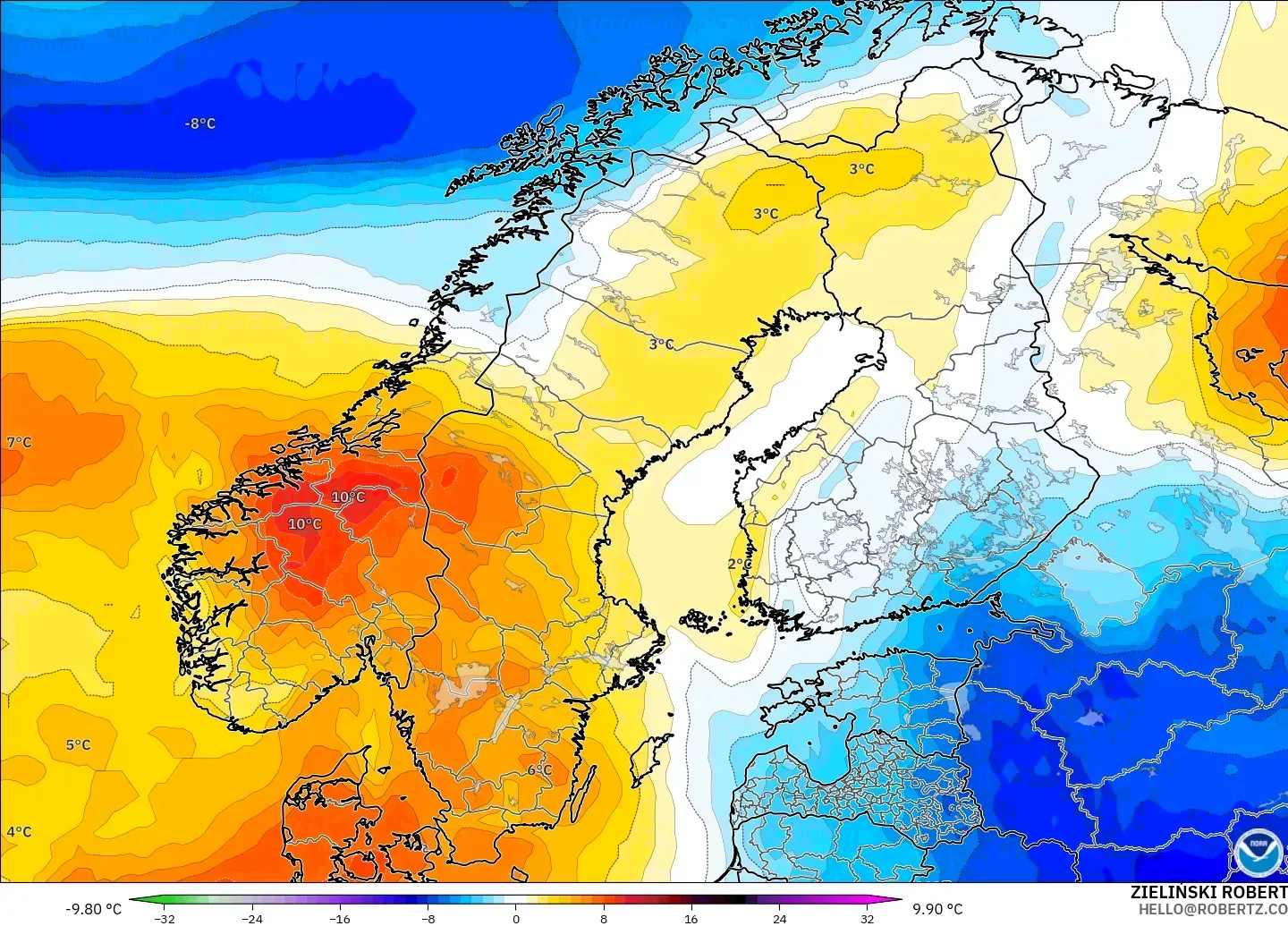 GFS モデル - スカンジナビア, 気温異常（850hPa）
