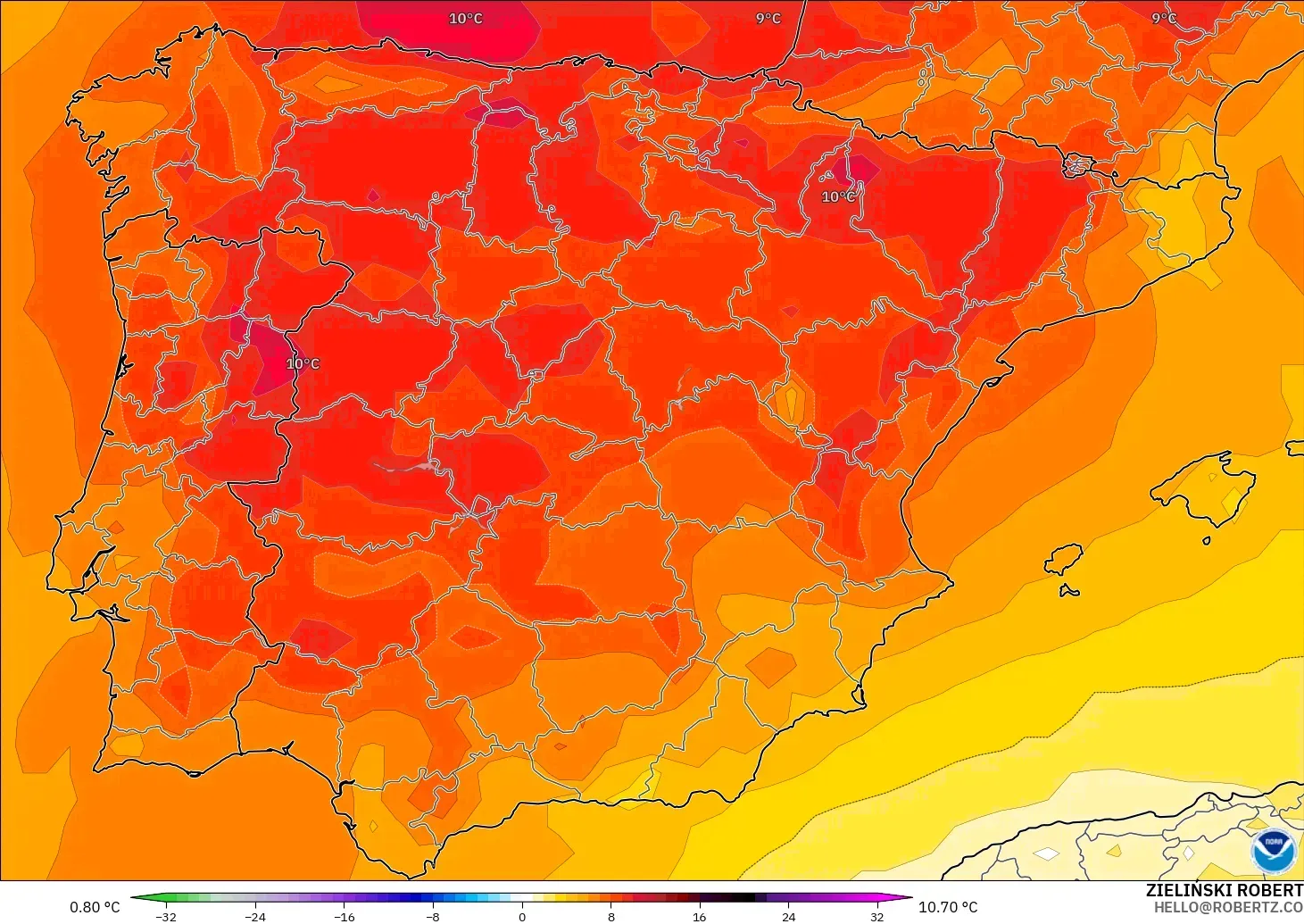 GFS モデル - スペイン, 気温異常（850hPa）