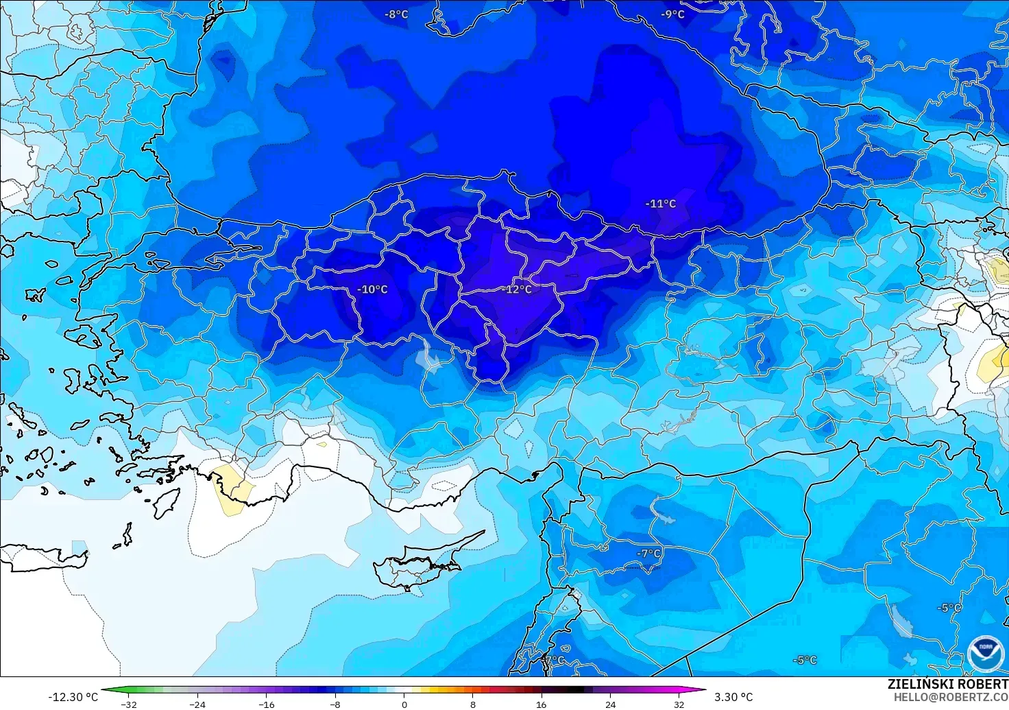GFS モデル - トルコ, 気温異常（850hPa）