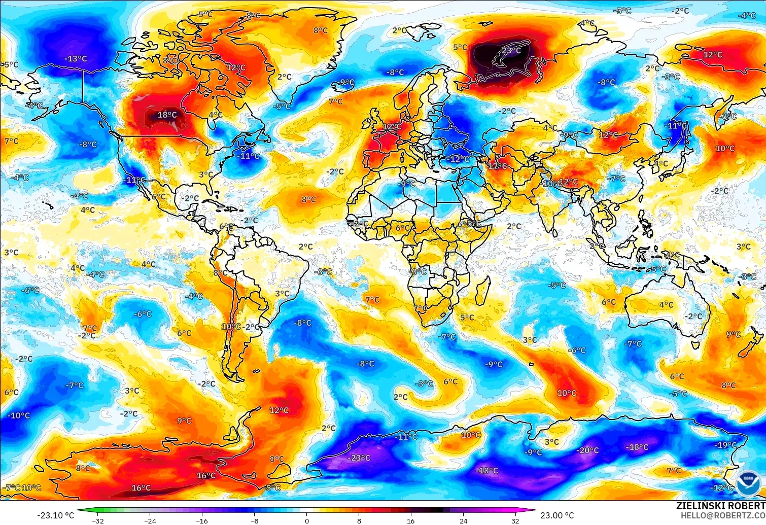 GFS モデル - 世界, 気温異常（850hPa）