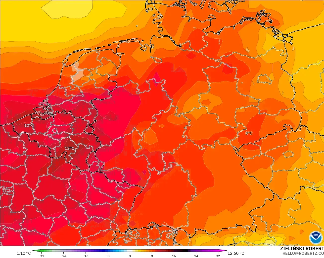 GFS モデル - ドイツ, 気温異常（850hPa）