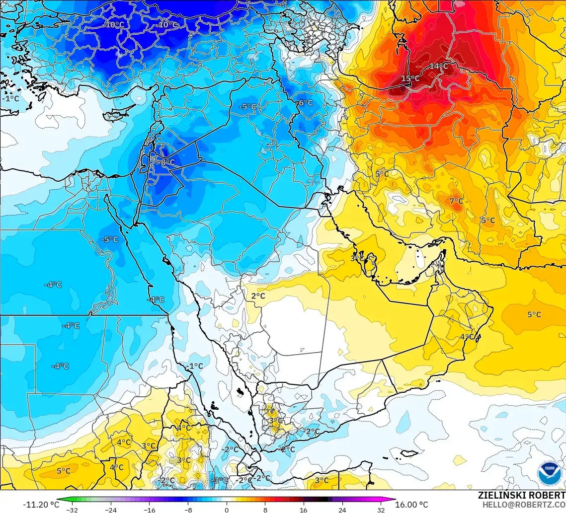 GFS モデル - 中東, 気温異常（850hPa）