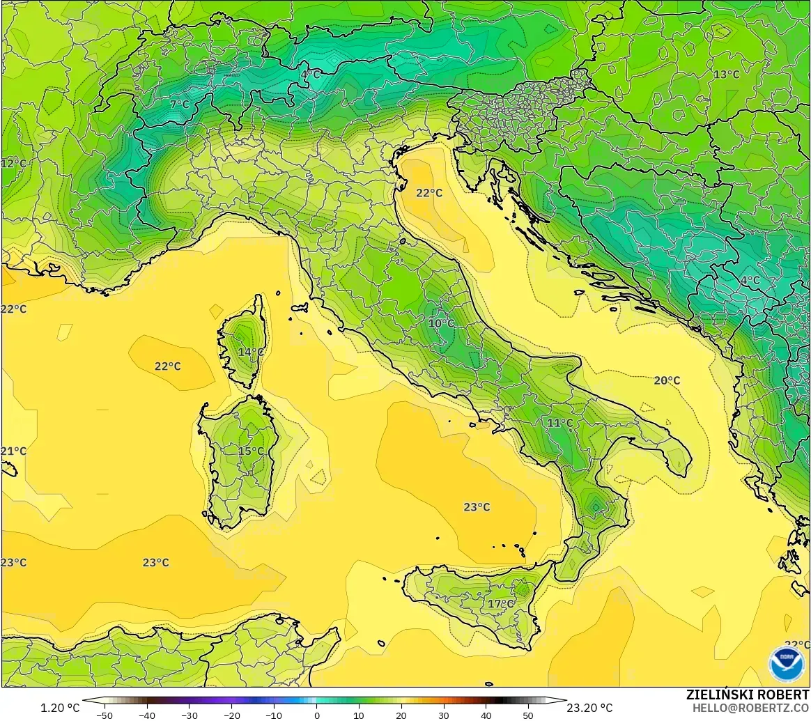 GFS モデル - イタリア, 気温（2m）