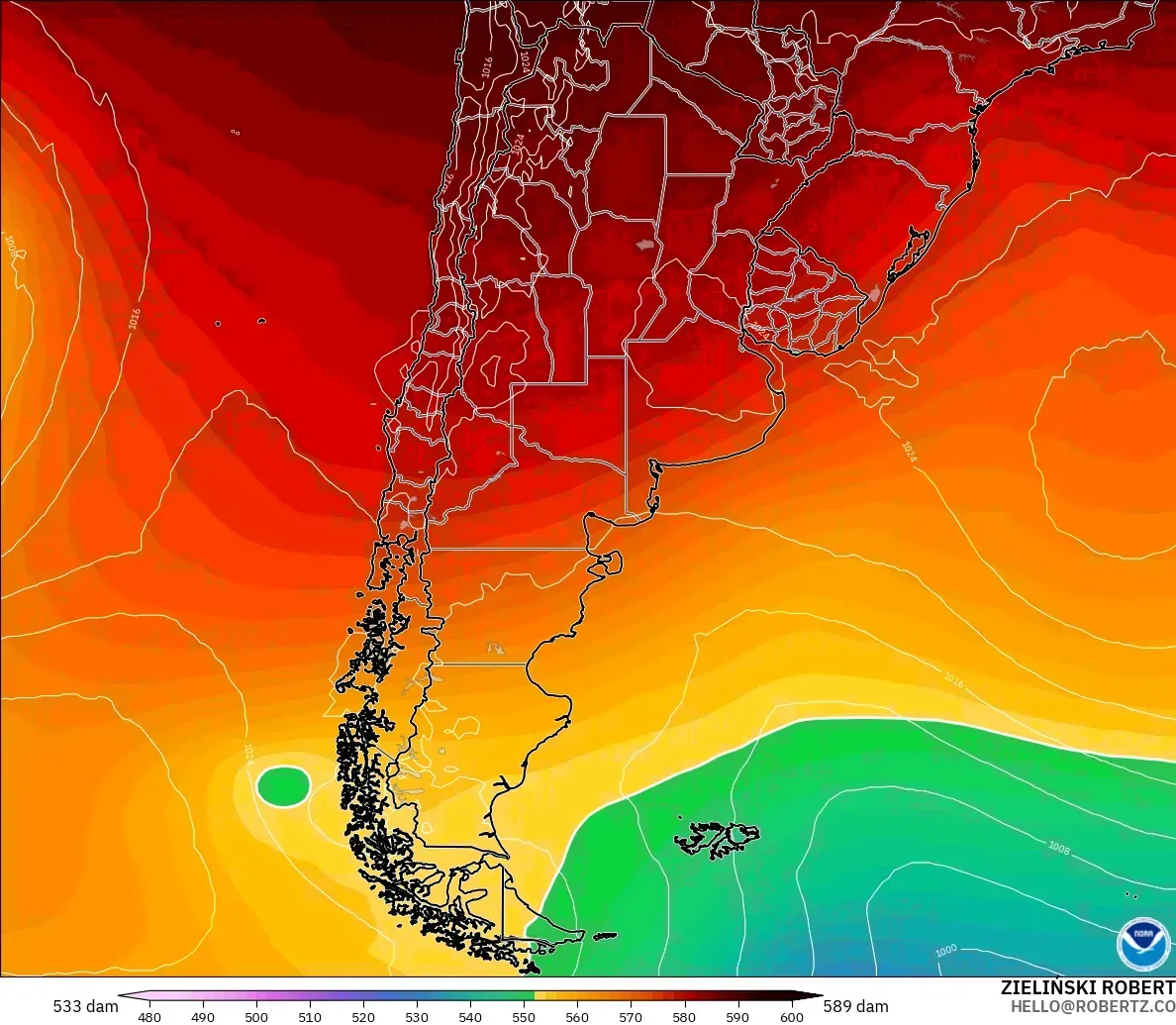 GFS モデル - アルゼンチン, 500hPaのジオポテンシャル高度