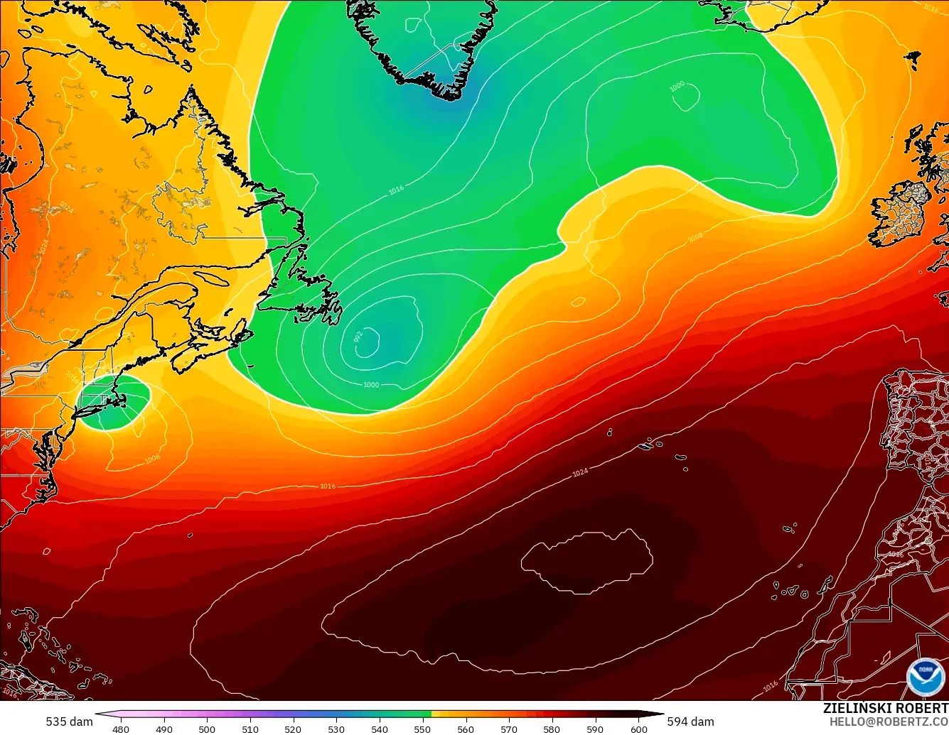 GFS モデル - 北大西洋, 500hPaのジオポテンシャル高度