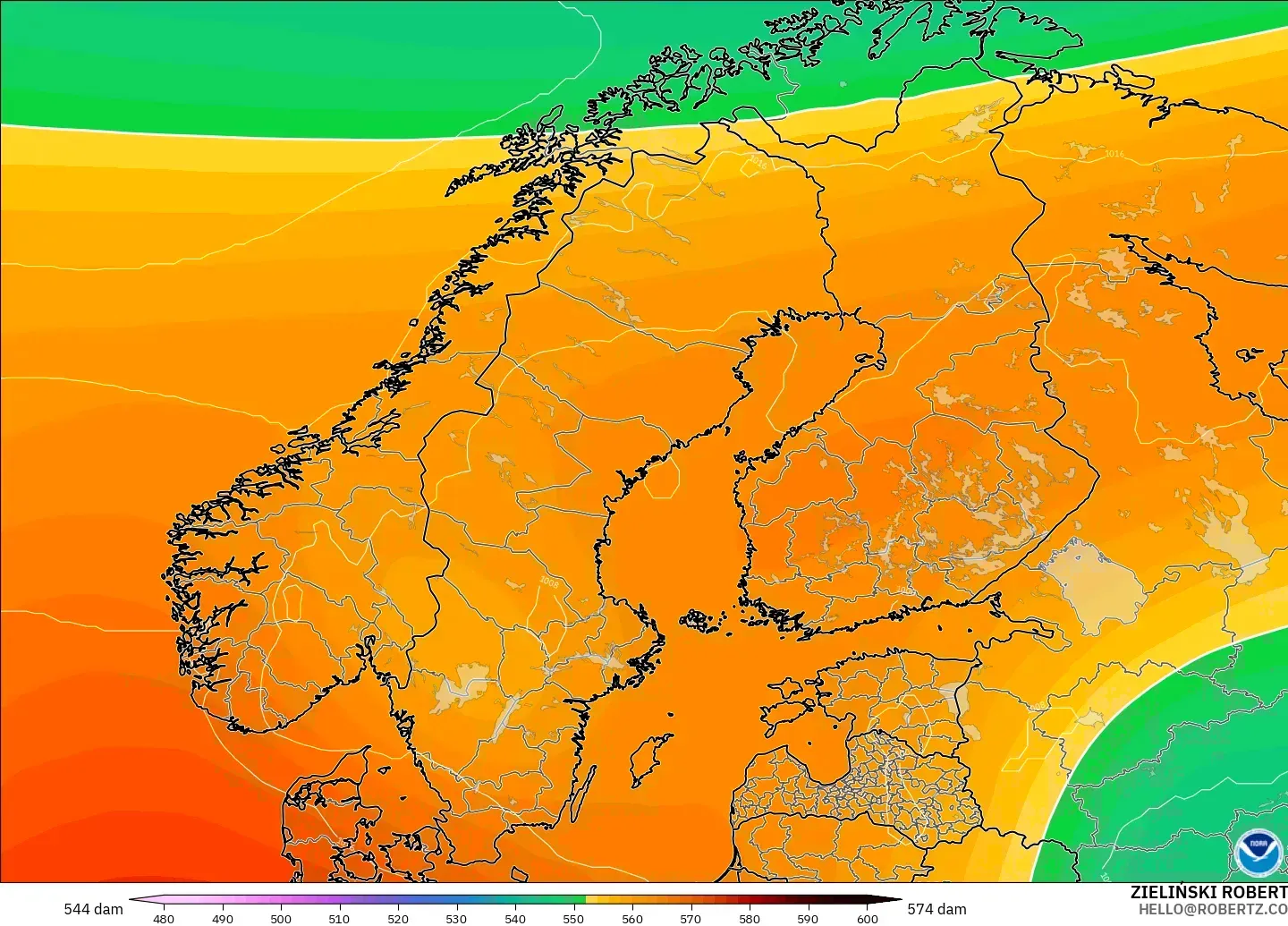 GFS モデル - スカンジナビア, 500hPaのジオポテンシャル高度