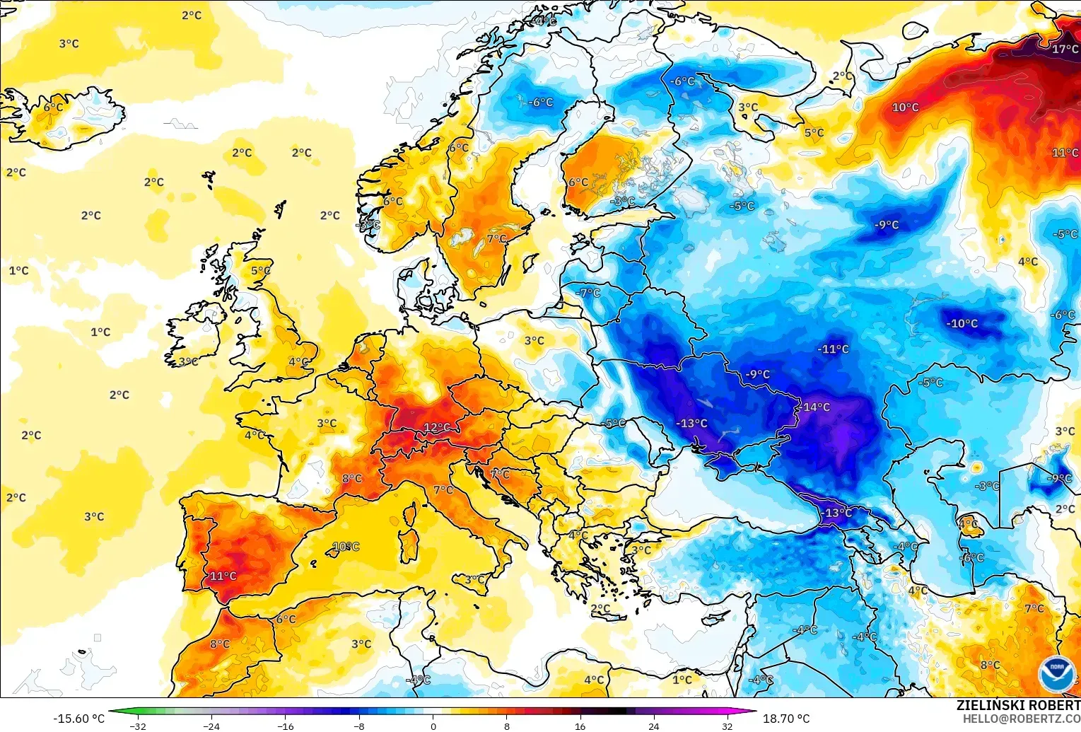 GFS モデル - ヨーロッパ, 気温異常（2m）