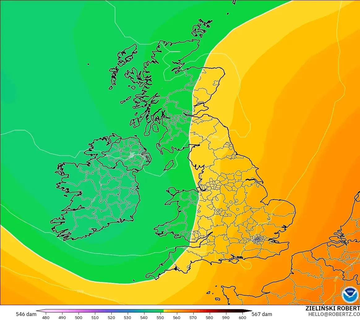 GFS モデル - イギリス, 500hPaのジオポテンシャル高度